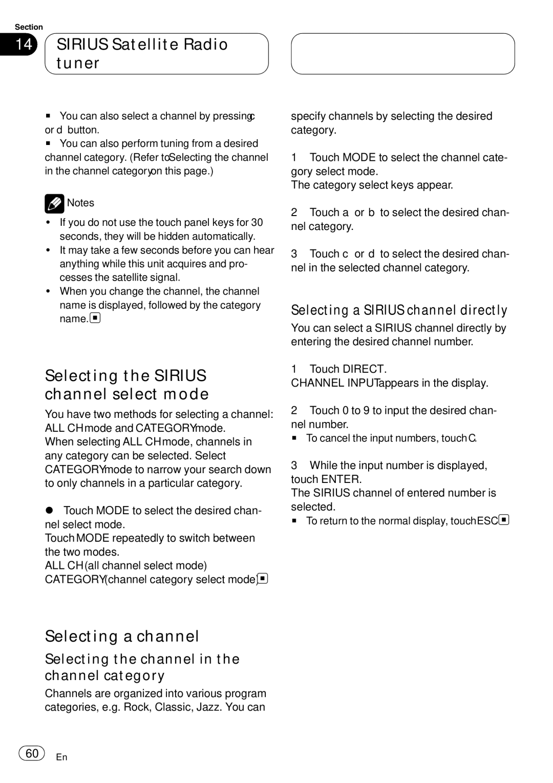 Pioneer AVH-P6000DVD operation manual Sirius Satellite Radio tuner, Selecting the Sirius channel select mode 