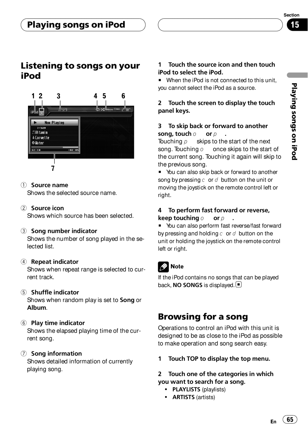 Pioneer AVH-P6000DVD Playing songs on iPod Listening to songs on your iPod, Browsing for a song, Songs, IPod 