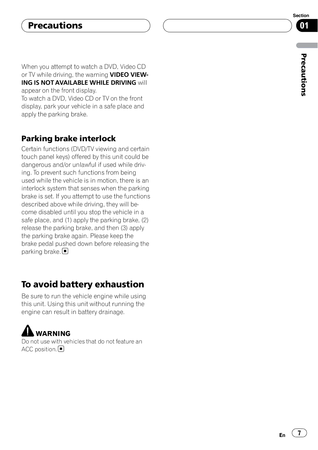 Pioneer AVH-P6000DVD operation manual To avoid battery exhaustion, Parking brake interlock, Precautions 