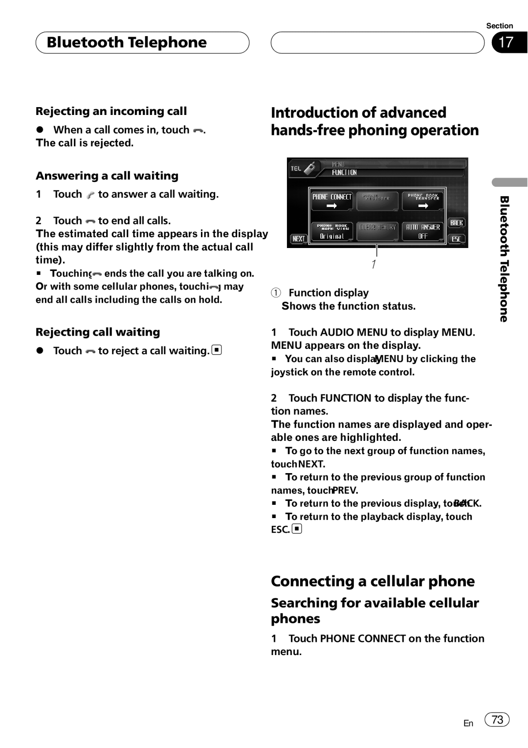 Pioneer AVH-P6000DVD Introduction of advanced hands-free phoning operation, Connecting a cellular phone, Bluetooth 