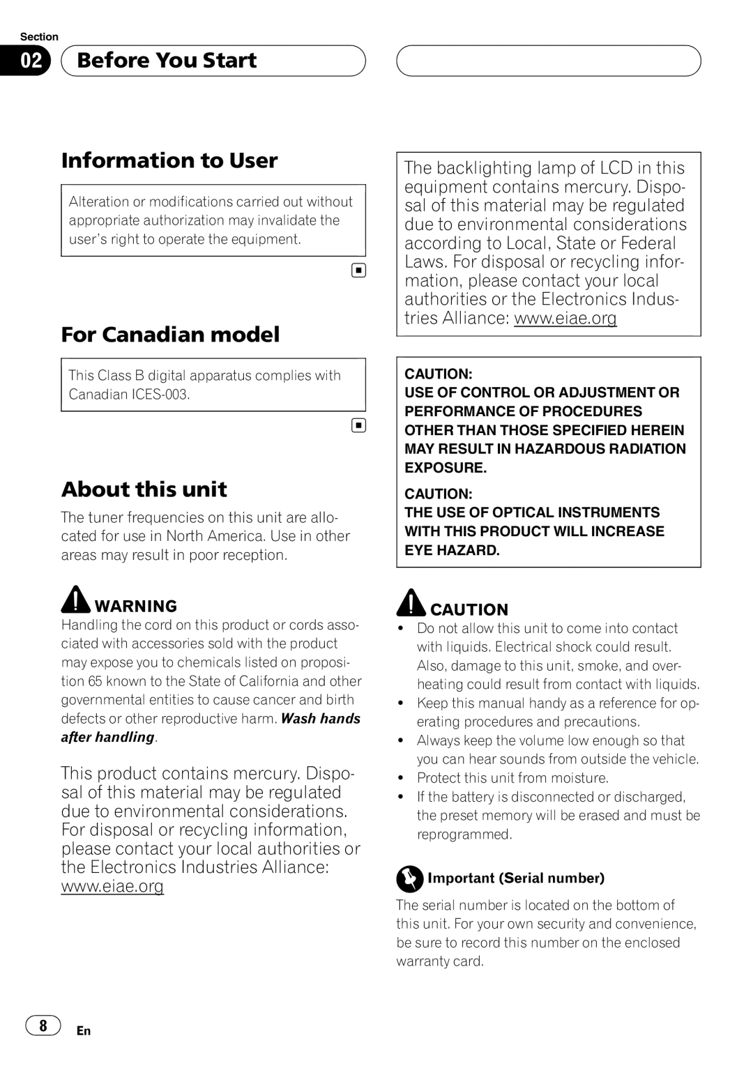 Pioneer AVH-P6000DVD operation manual Before You Start Information to User, For Canadian model, About this unit 