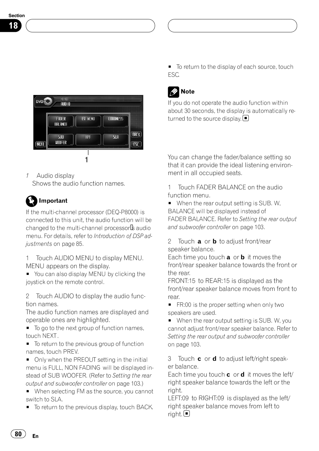 Pioneer AVH-P6000DVD operation manual Audio Adjustments Introduction of audio adjustments, Using balance adjustment 