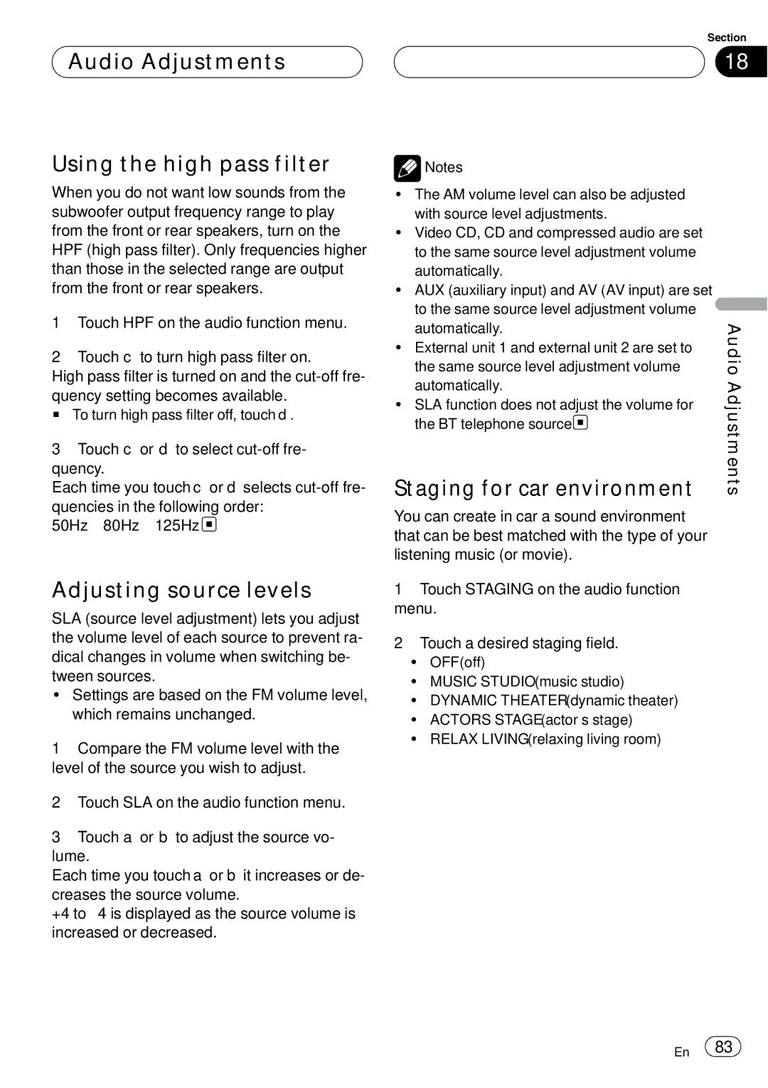 Pioneer AVH-P6000DVD Audio Adjustments Using the high pass filter, Adjusting source levels, Staging for car environment 