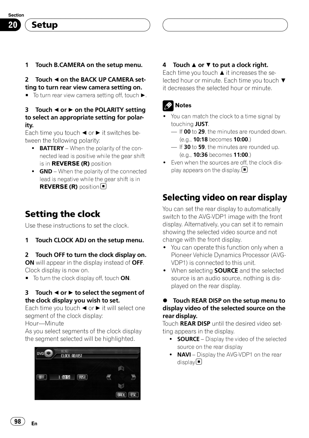 Pioneer AVH-P6000DVD operation manual Setup, Setting the clock, Selecting video on rear display 