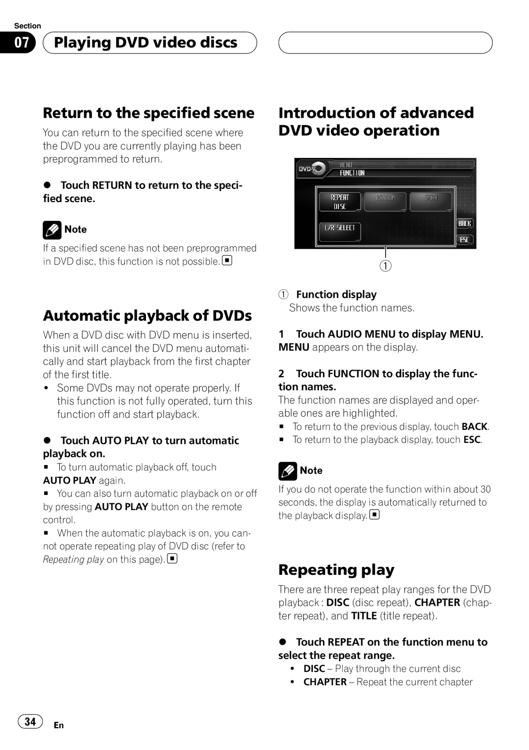 Pioneer AVH-P6000DVD Return to the specified scene, Automatic playback of DVDs, Repeating play, 07Playing DVD video discs 