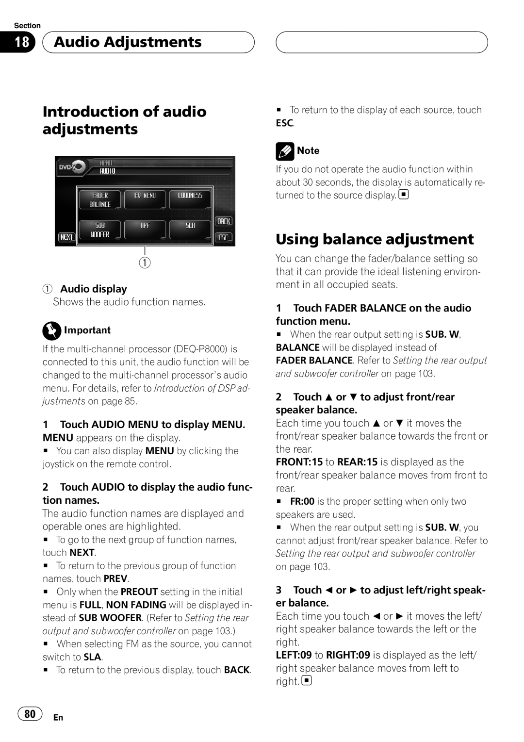 Pioneer AVH-P6000DVD operation manual Audio Adjustments, Introduction of audio adjustments, Using balance adjustment 