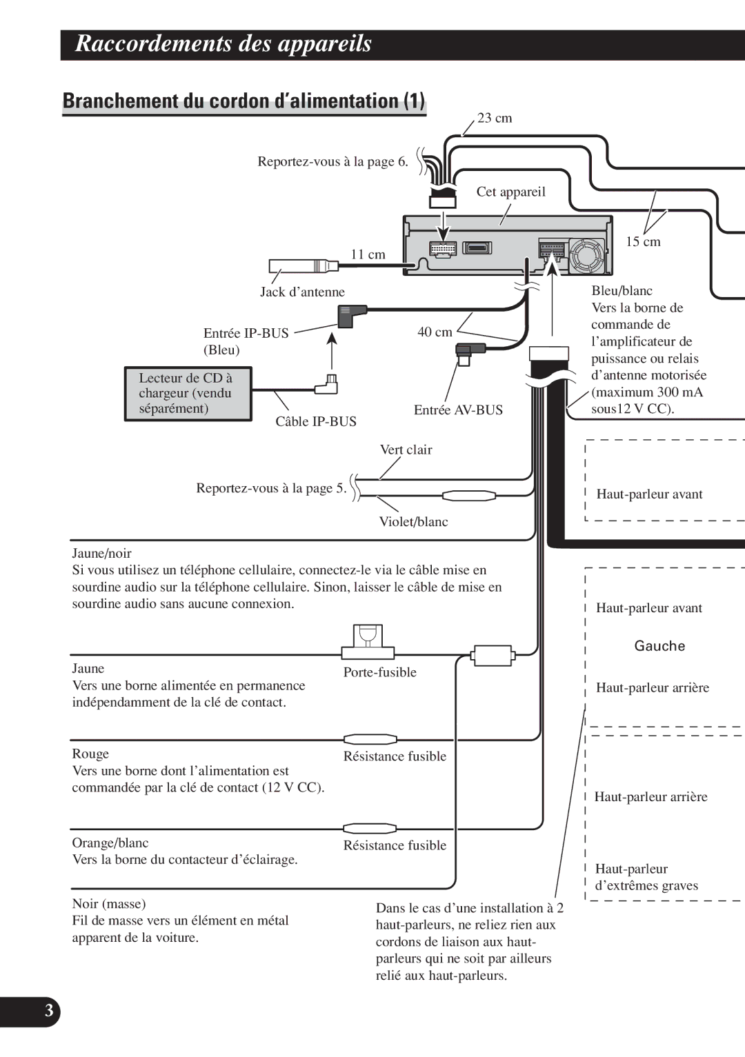 Pioneer AVH-P6400CD installation manual Branchement du cordon d’alimentation, Gauche 