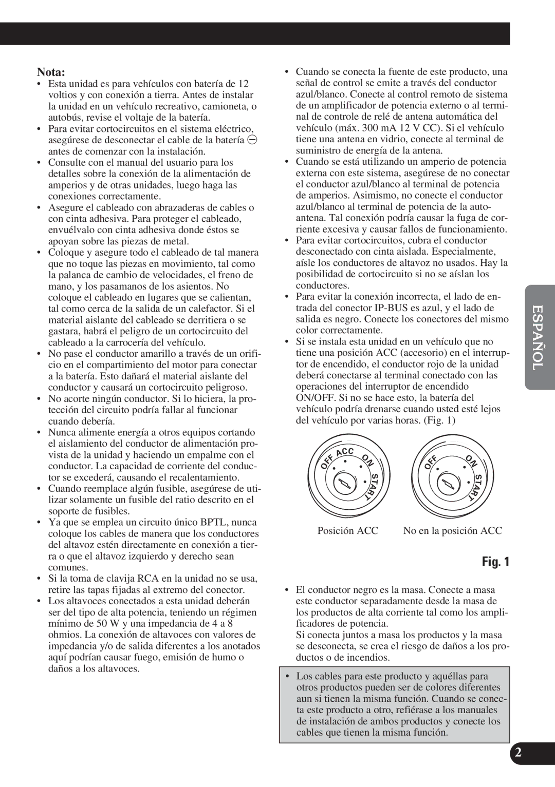 Pioneer AVH-P6400CD installation manual English Español Español Français Italiano Nederlands, Nota 