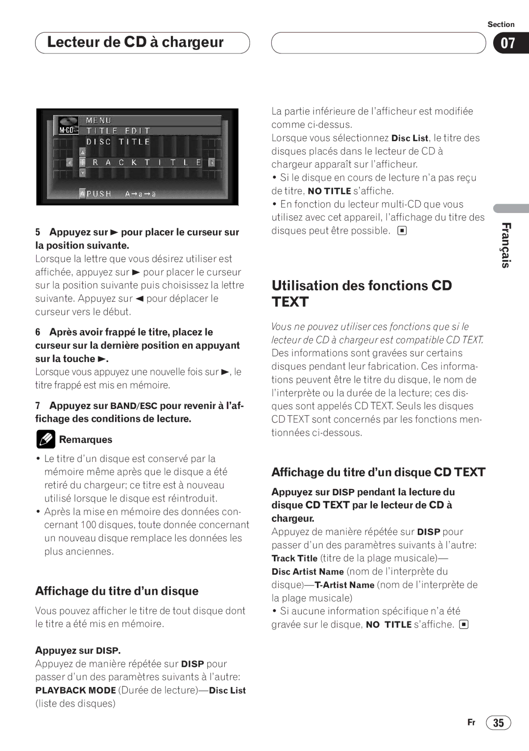 Pioneer AVH-P6400CD operation manual Utilisation des fonctions CD, Affichage du titre d’un disque, Appuyez sur Disp 