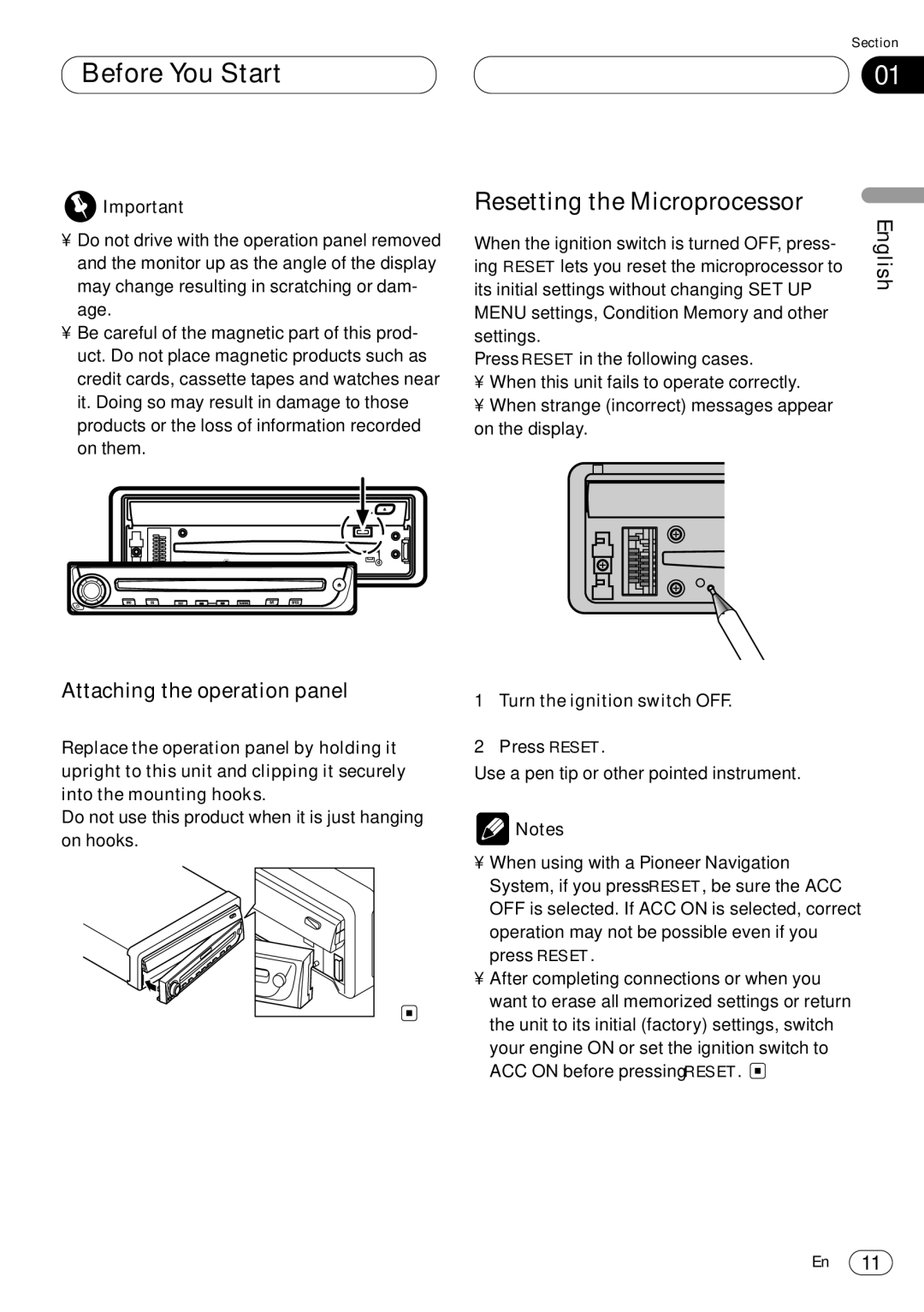 Pioneer AVH-P6400CD Resetting the Microprocessor, Attaching the operation panel, Turn the ignition switch OFF, Press Reset 