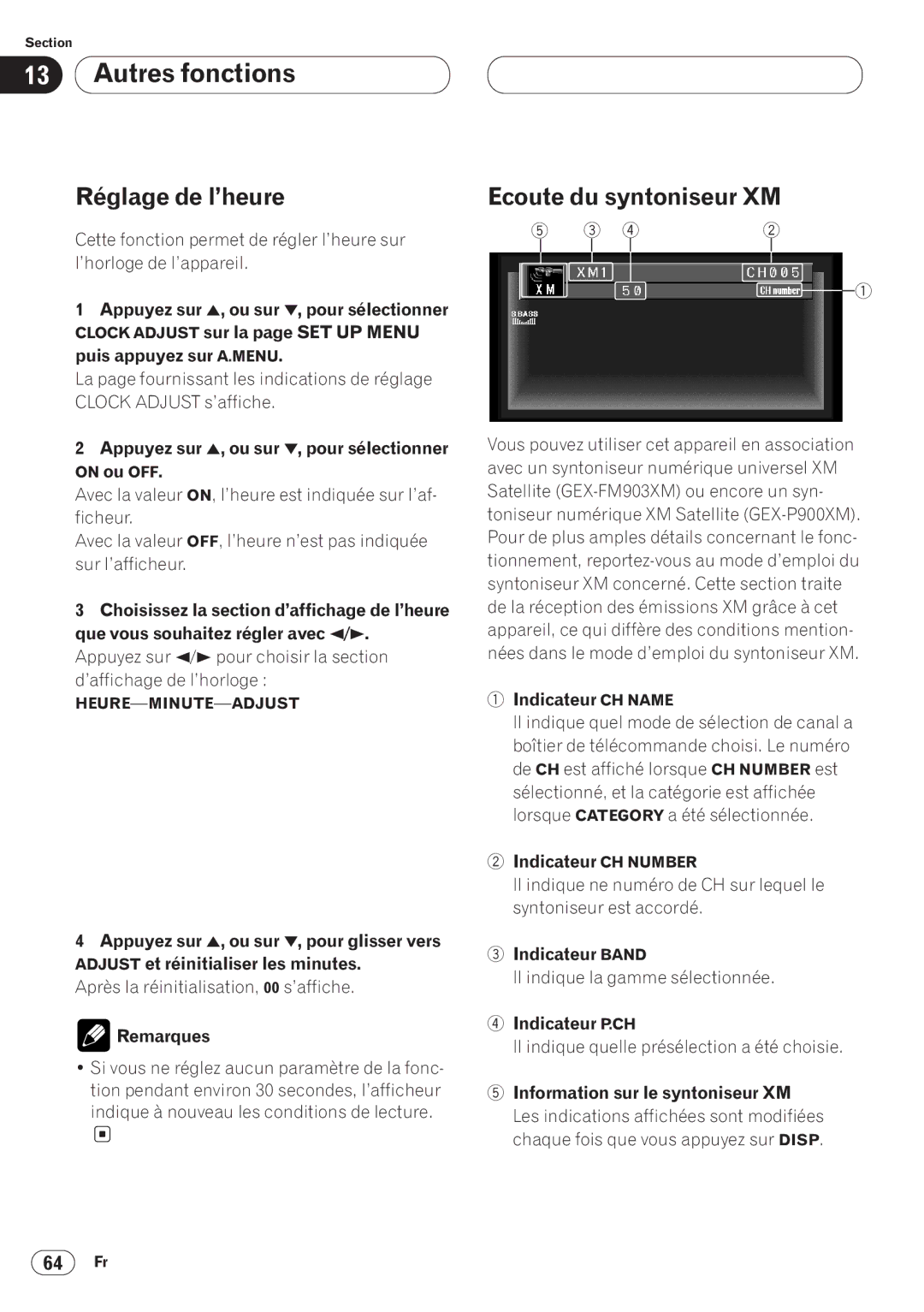 Pioneer AVH-P6400CD operation manual Réglage de l’heure, Ecoute du syntoniseur XM 