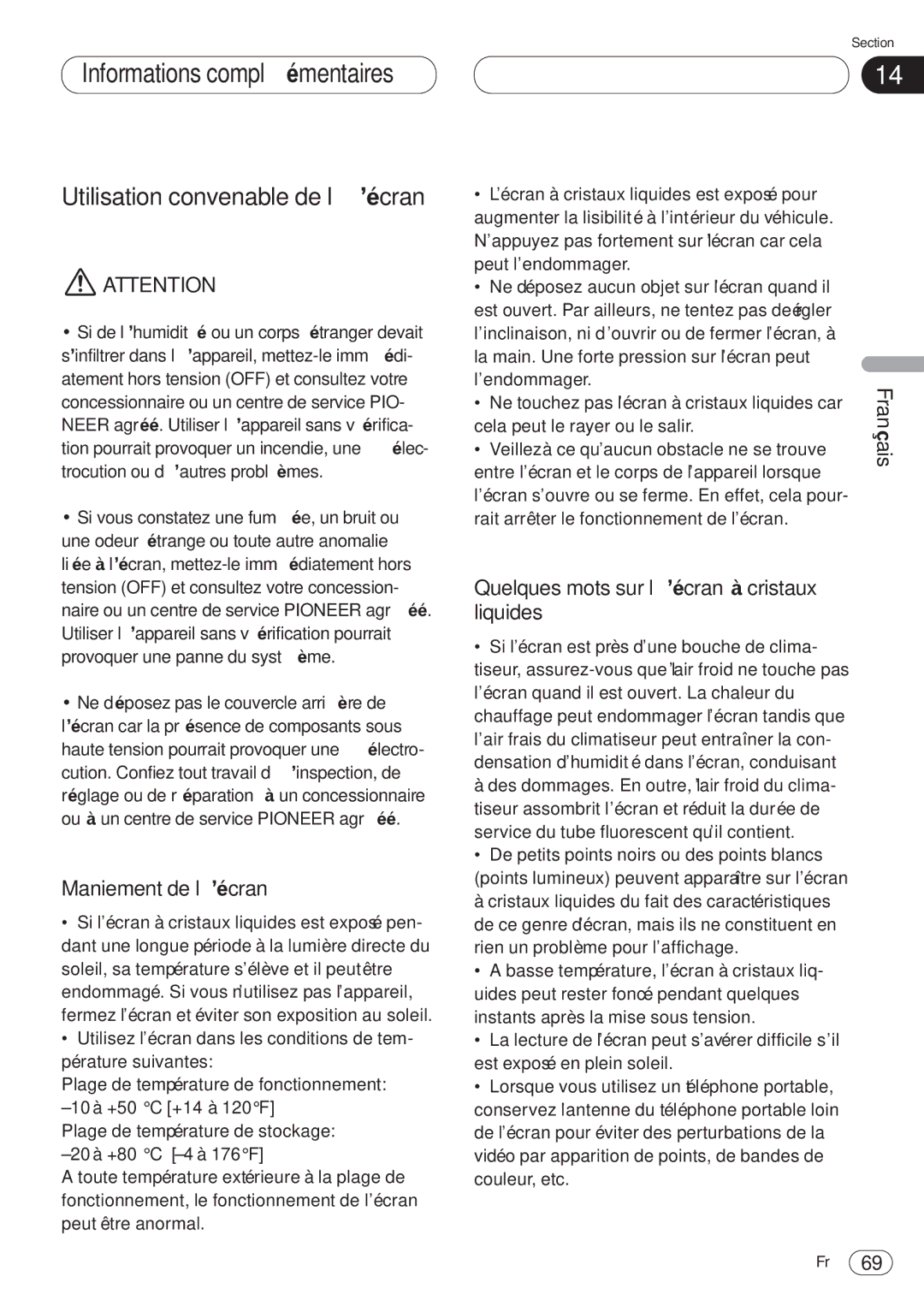 Pioneer AVH-P6400CD operation manual Maniement de l’écran, Quelques mots sur l’écran à cristaux, Liquides 