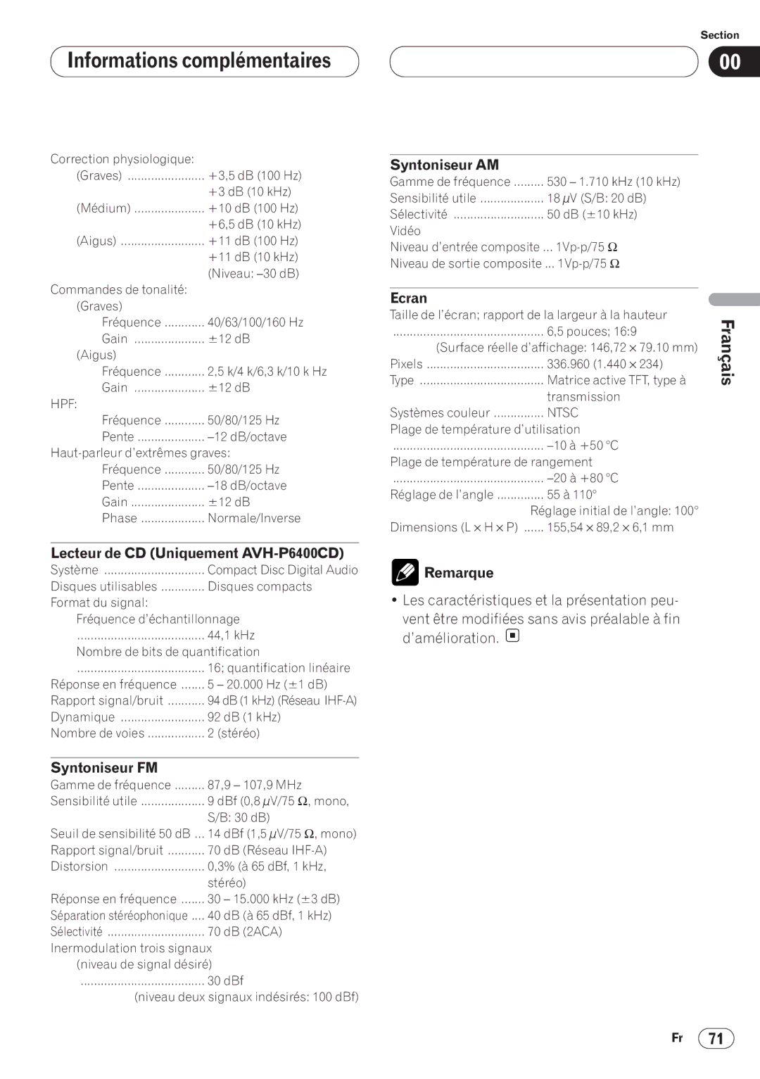 Pioneer operation manual Lecteur de CD Uniquement AVH-P6400CD, Syntoniseur FM, Syntoniseur AM, Ecran 