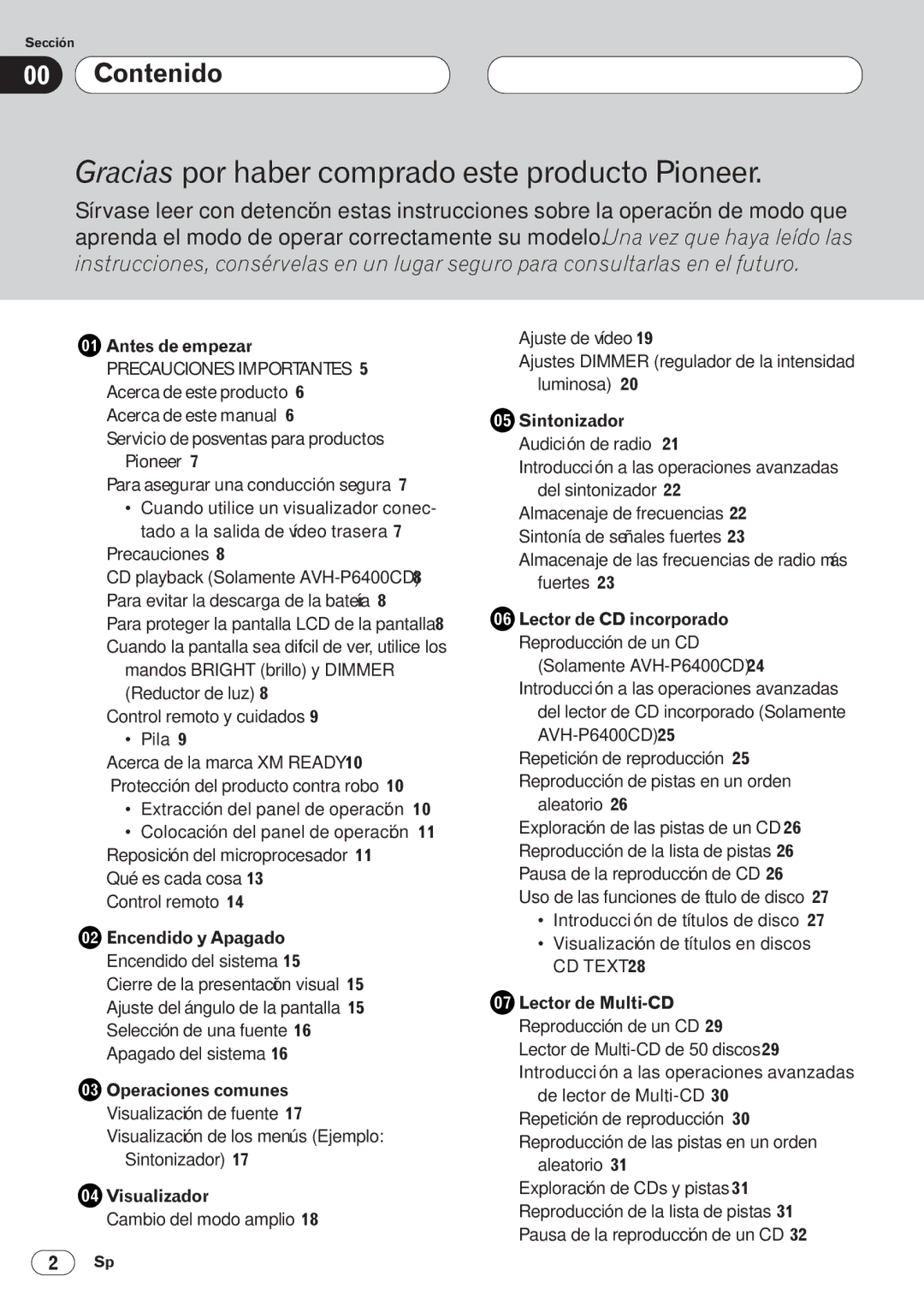 Pioneer AVH-P6400CD operation manual Contenido 