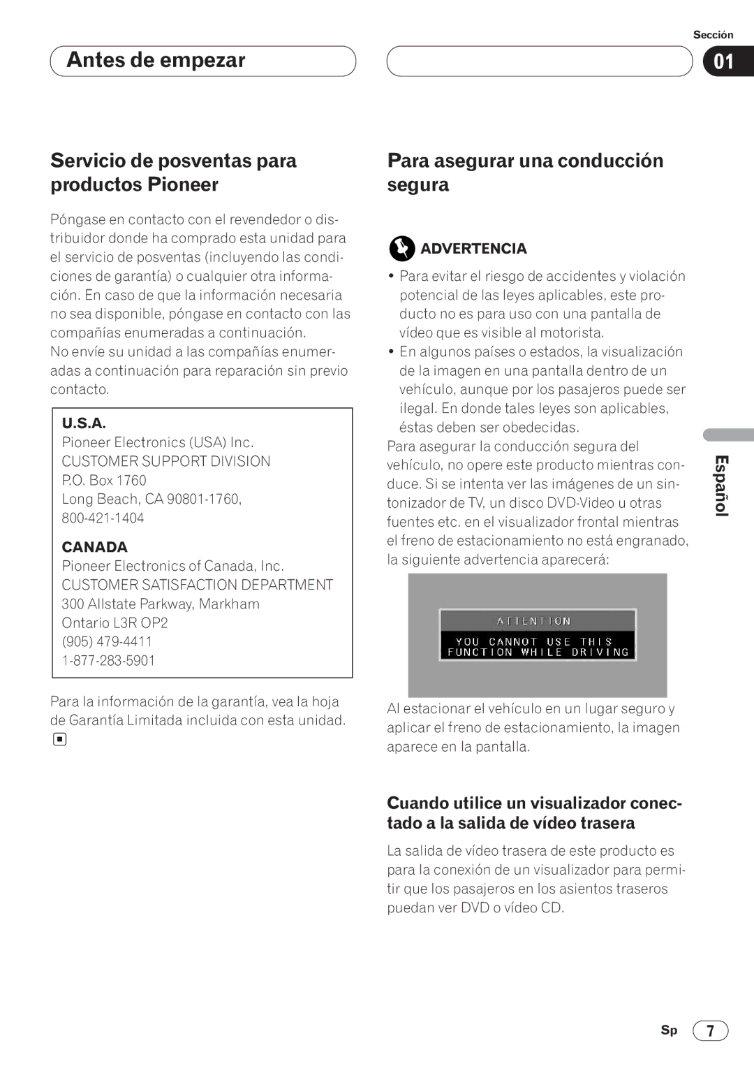 Pioneer AVH-P6400CD operation manual Servicio de posventas para productos Pioneer, Para asegurar una conducción Segura 