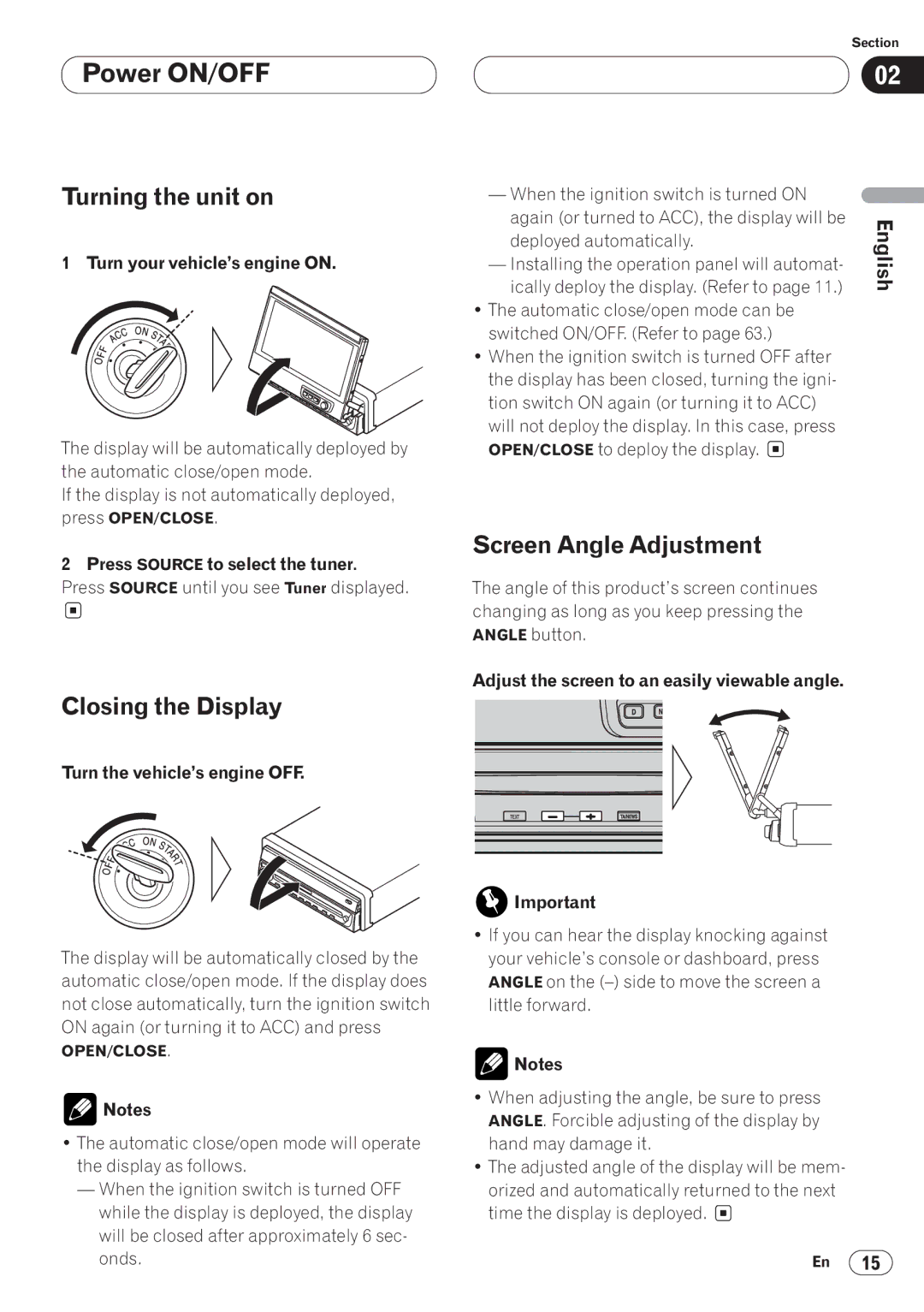 Pioneer AVH-P6400CD operation manual Power ON/OFF, Turning the unit on, Closing the Display, Screen Angle Adjustment 