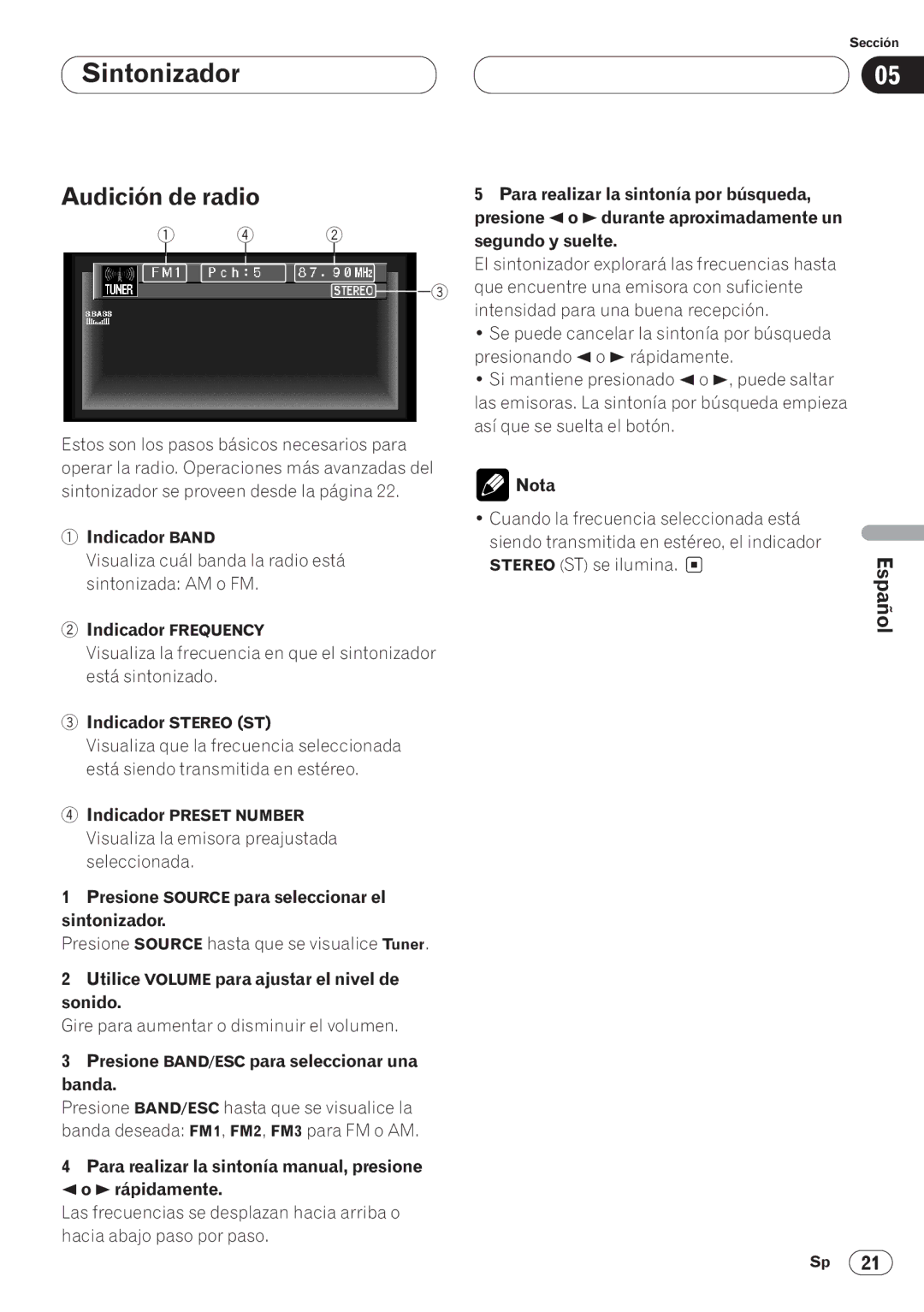 Pioneer AVH-P6400CD operation manual Sintonizador, Audición de radio, Españ 