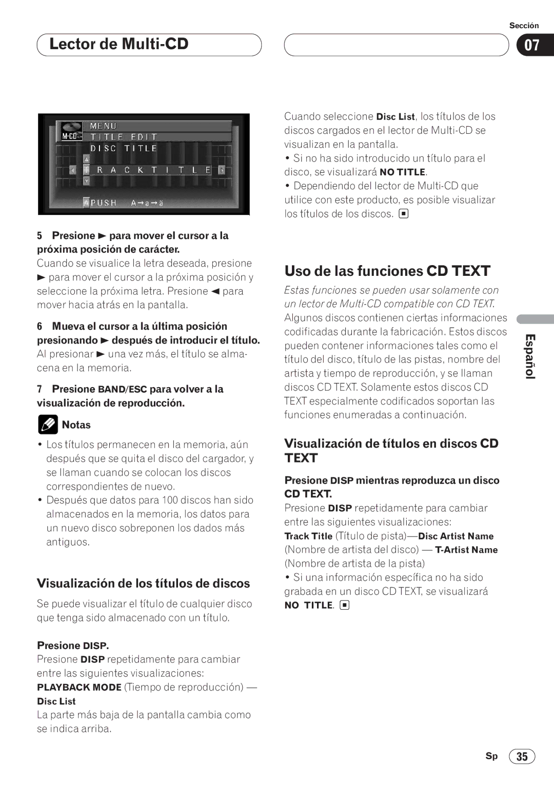 Pioneer AVH-P6400CD operation manual Visualización de los títulos de discos, Presione Disp, Visualizan en la pantalla 