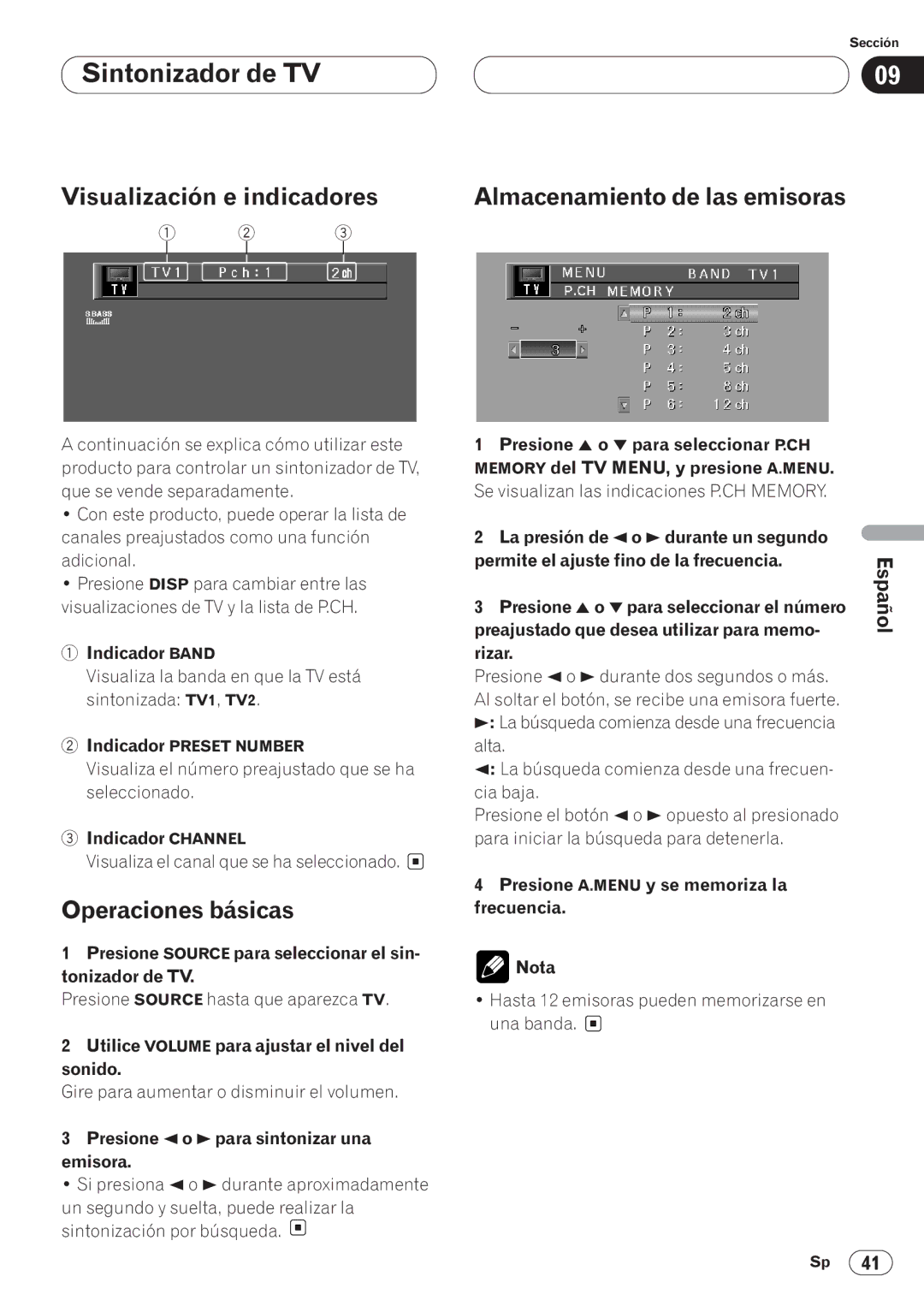 Pioneer AVH-P6400CD operation manual Sintonizador de TV, Operaciones básicas, Almacenamiento de las emisoras 