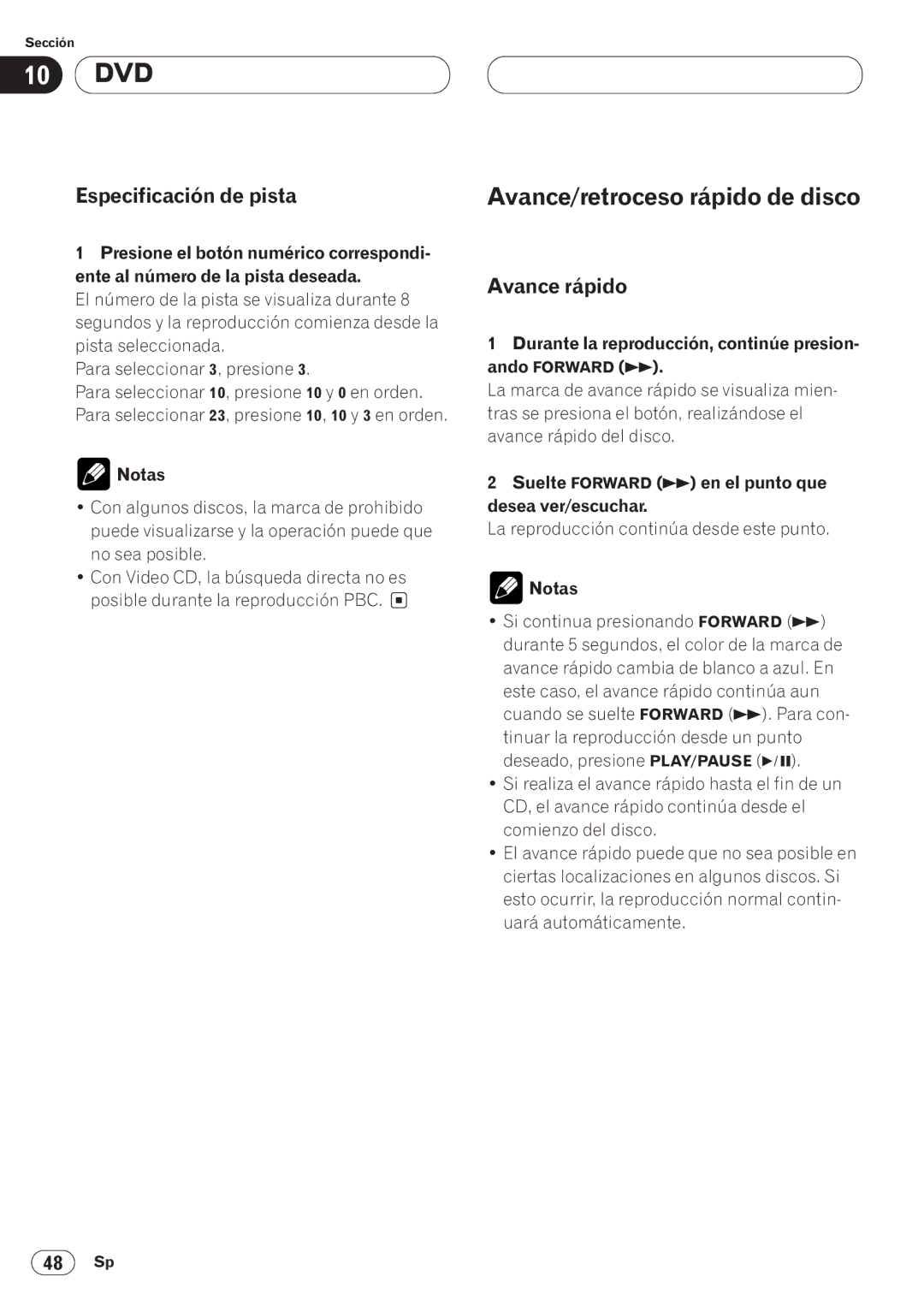 Pioneer AVH-P6400CD operation manual Avance/retroceso rápido de disco, Especificación de pista, Avance rápido 