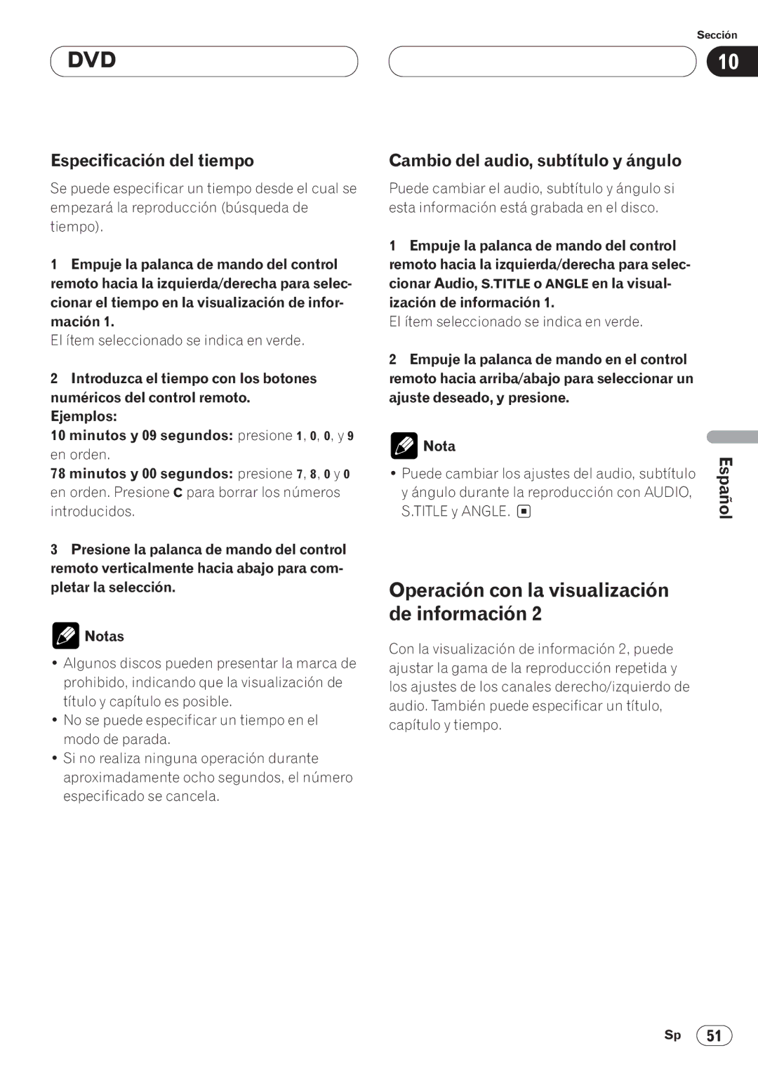 Pioneer AVH-P6400CD operation manual Operación con la visualización, De información, Especificación del tiempo 