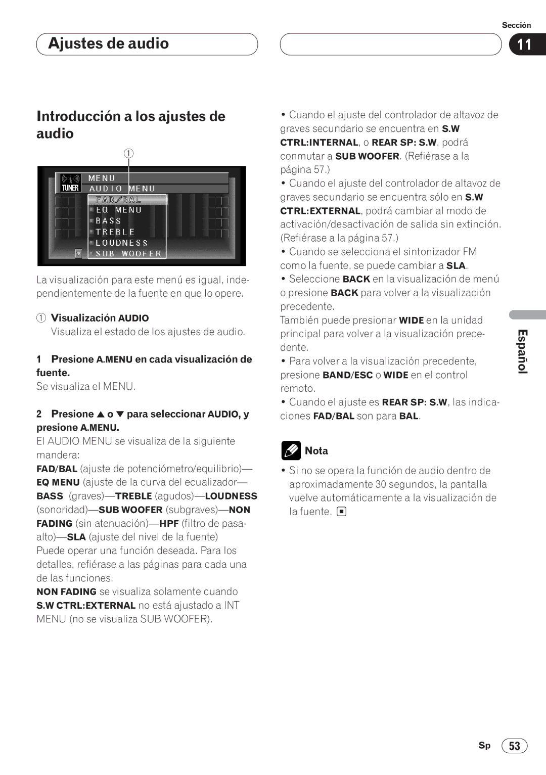 Pioneer AVH-P6400CD operation manual Ajustes de audio, Introducción a los ajustes de audio, Visualización Audio 