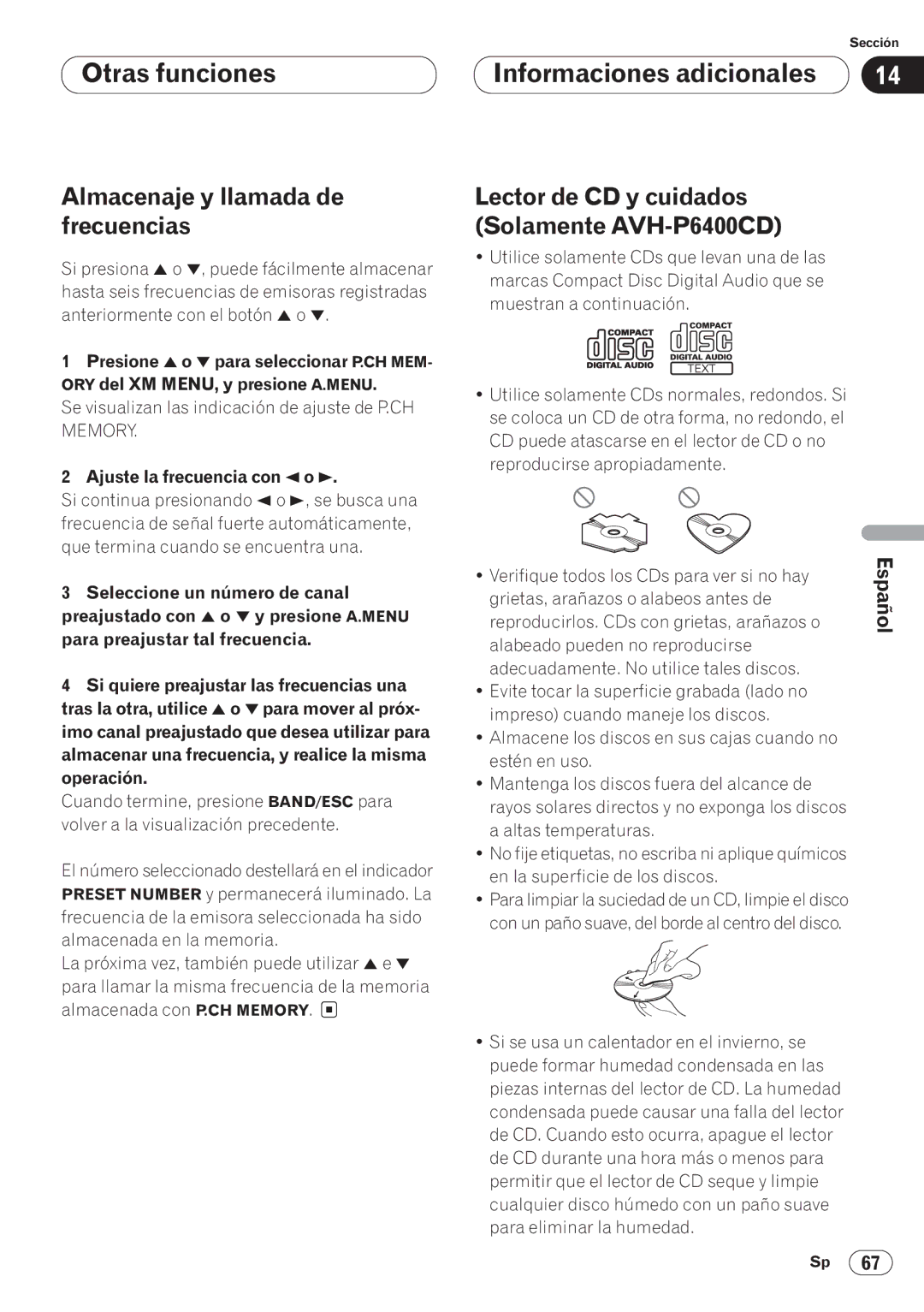 Pioneer AVH-P6400CD operation manual Informaciones adicionales, Almacenaje y llamada de frecuencias 