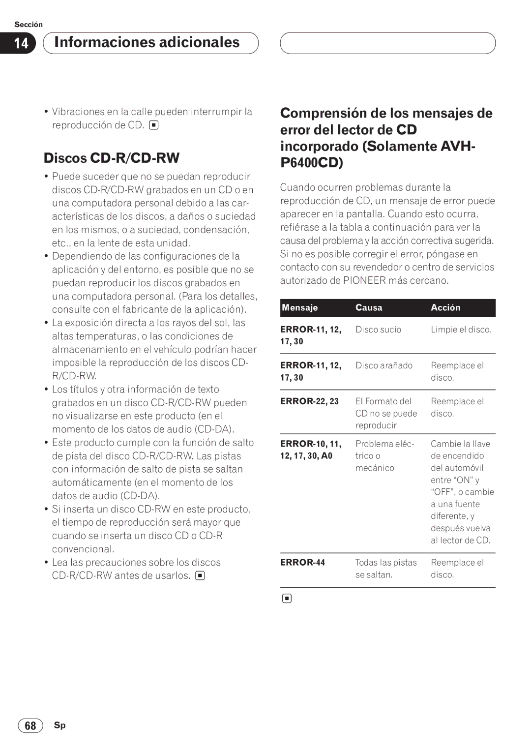 Pioneer AVH-P6400CD operation manual Discos CD-R/CD-RW, Mensaje Causa Acción 