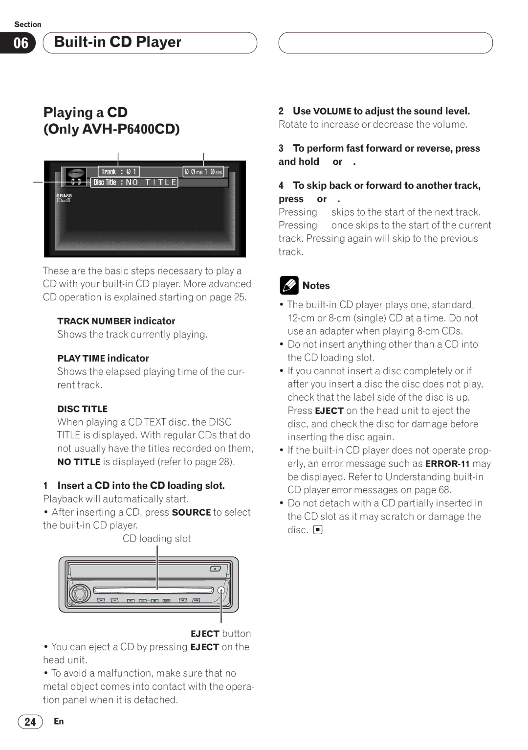 Pioneer operation manual Built-in CD Player, Playing a CD Only AVH-P6400CD, Shows the track currently playing 