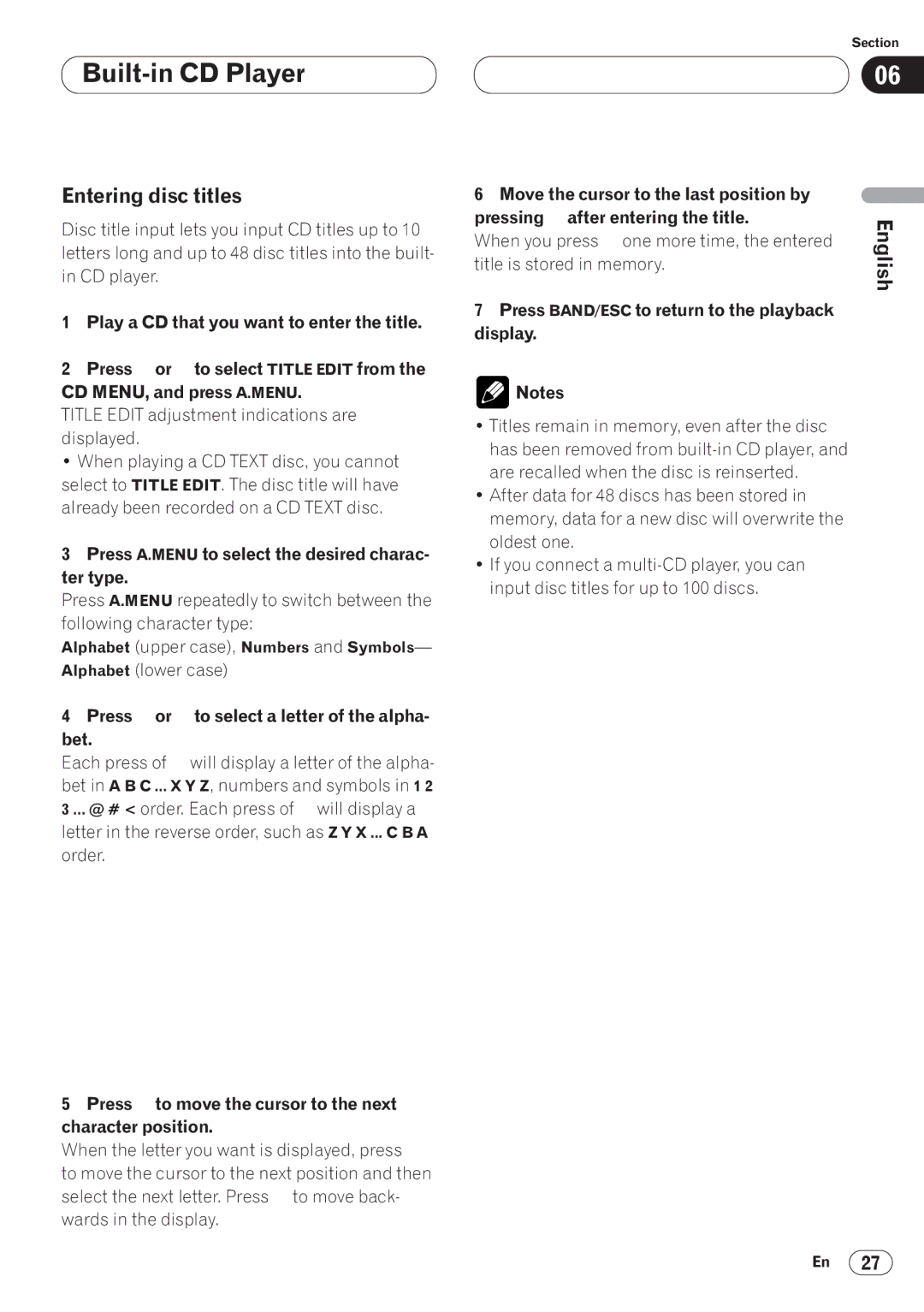 Pioneer AVH-P6400CD operation manual Entering disc titles, Press A.MENU to select the desired charac- ter type 