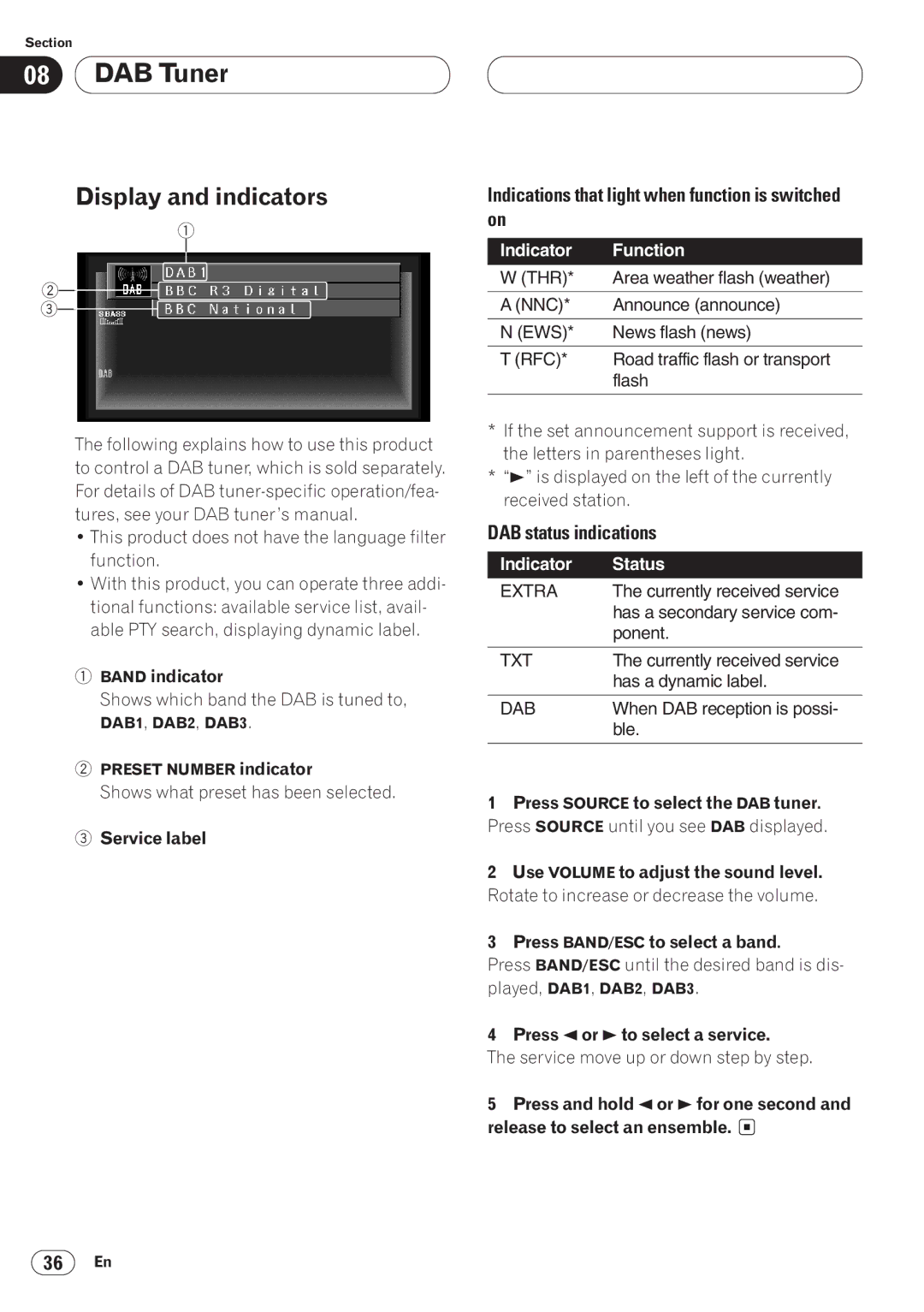 Pioneer AVH-P6400CD operation manual DAB Tuner, Display and indicators, Service label, Press 2or 3to select a service 