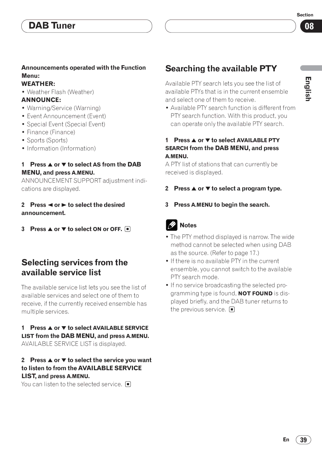 Pioneer AVH-P6400CD operation manual Searching the available PTY, Selecting services from the available service list 