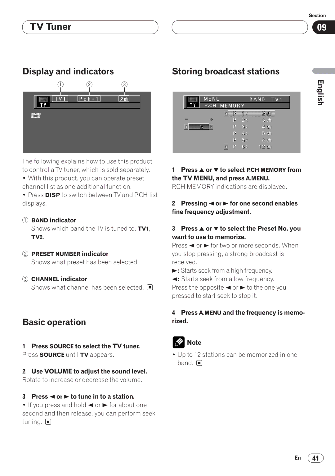 Pioneer AVH-P6400CD operation manual TV Tuner, Basic operation, Storing broadcast stations 