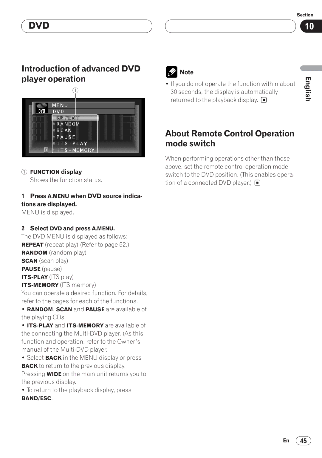 Pioneer AVH-P6400CD operation manual Introduction of advanced DVD player operation, Select DVD and press A.MENU 