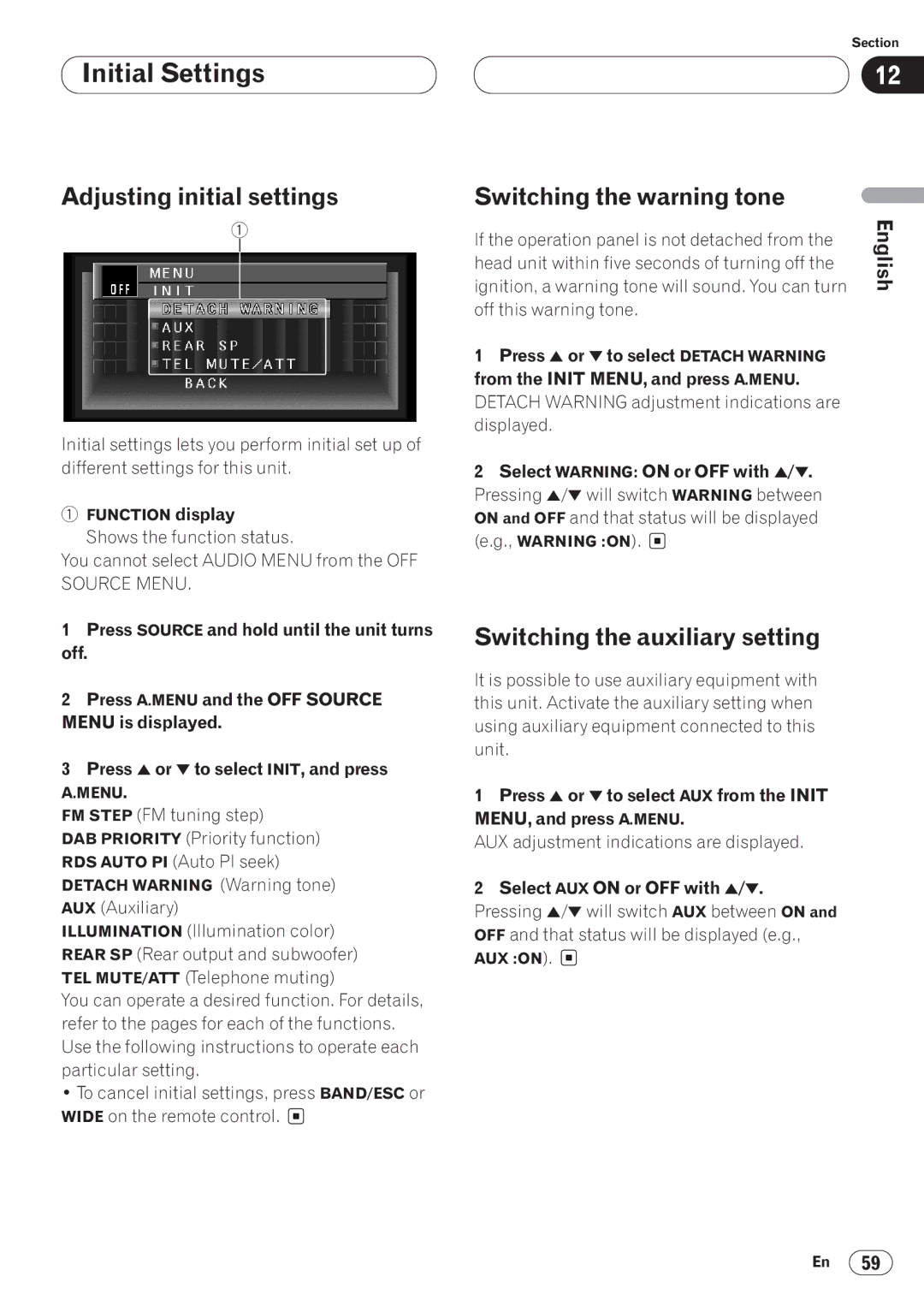 Pioneer AVH-P6400CD operation manual Initial Settings, Adjusting initial settings, Switching the warning tone 