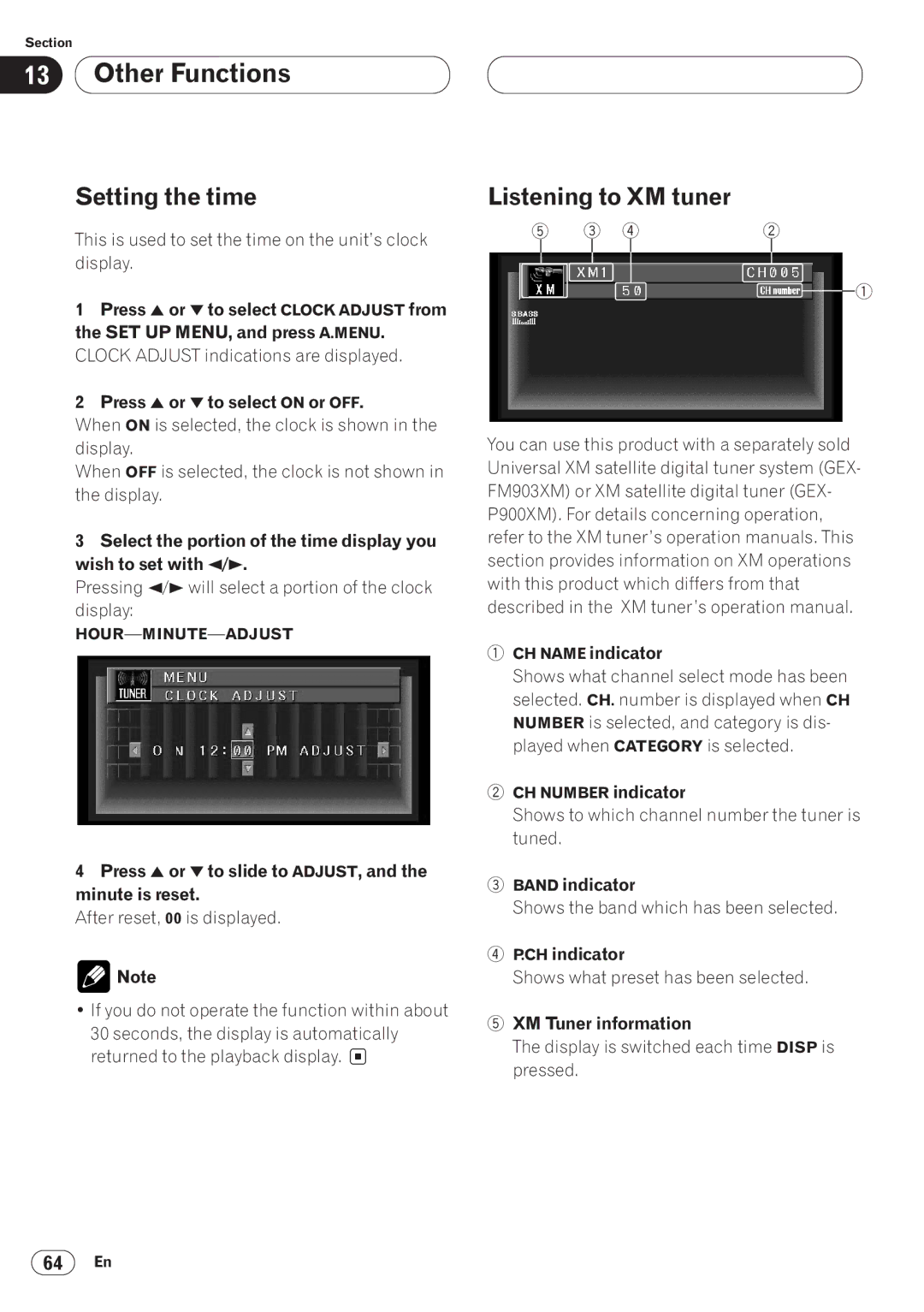 Pioneer AVH-P6400CD operation manual Setting the time, Listening to XM tuner 