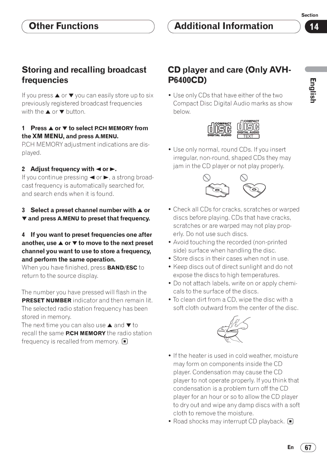 Pioneer AVH-P6400CD operation manual Additional Information, Storing and recalling broadcast frequencies 