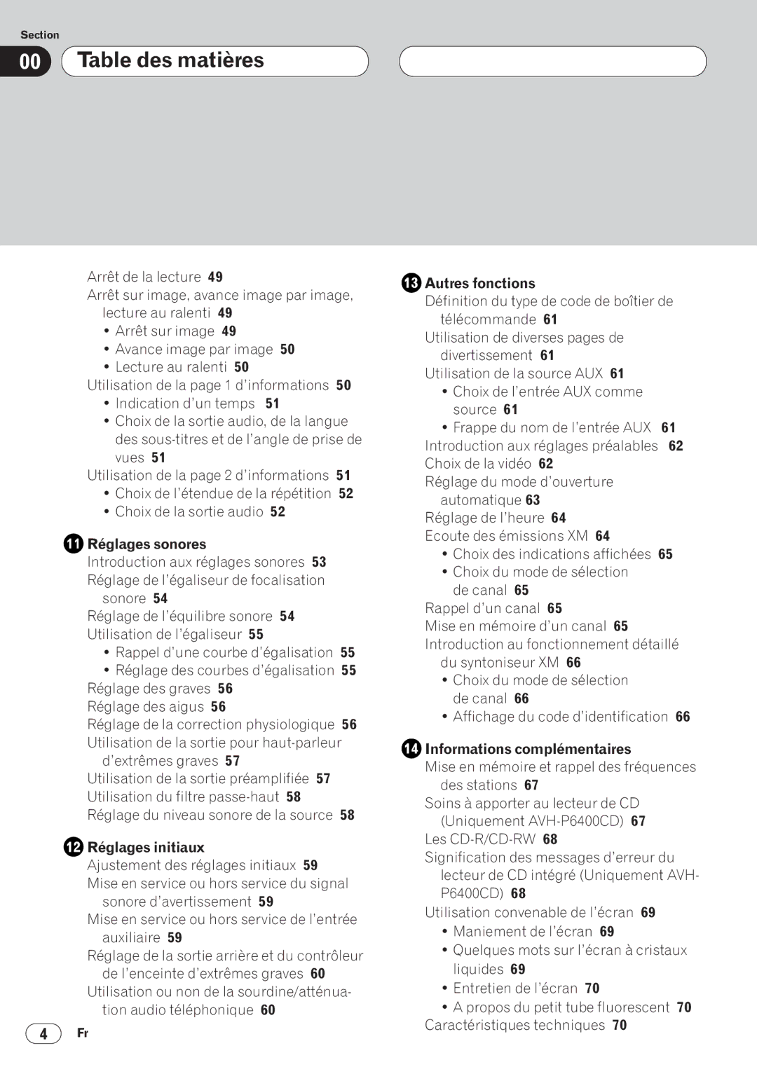 Pioneer AVH-P6400CD operation manual Réglages sonores, Réglages initiaux, Autres fonctions, Informations complémentaires 