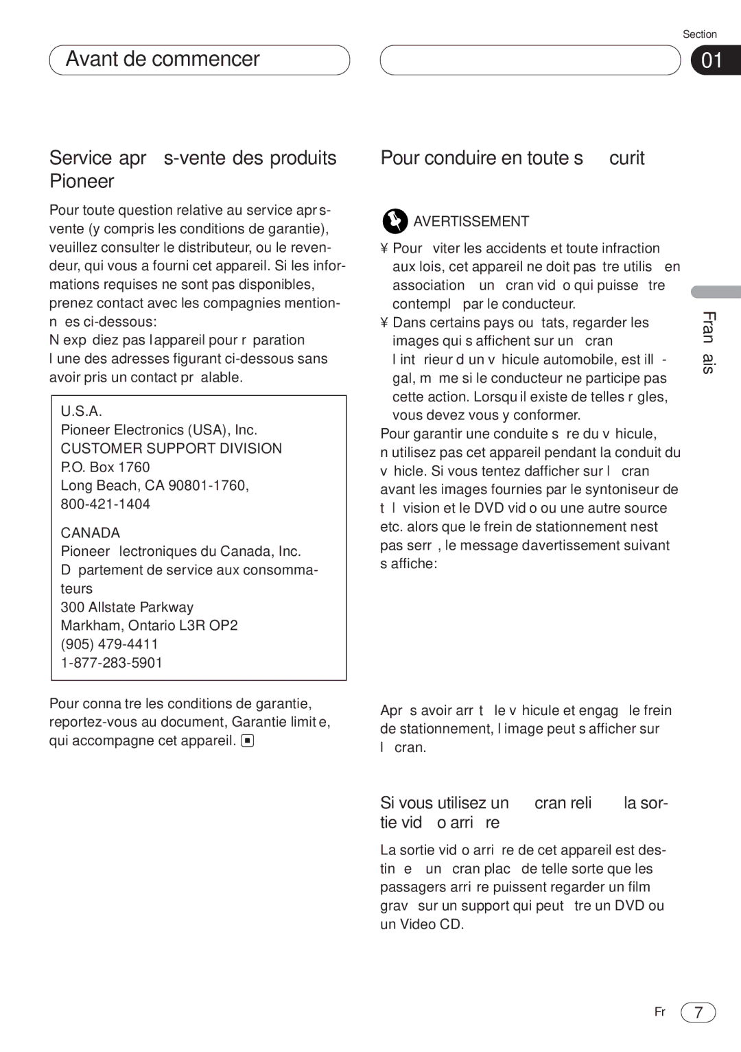 Pioneer AVH-P6400CD operation manual Service après-vente des produits Pioneer, Pour conduire en toute sécurité 