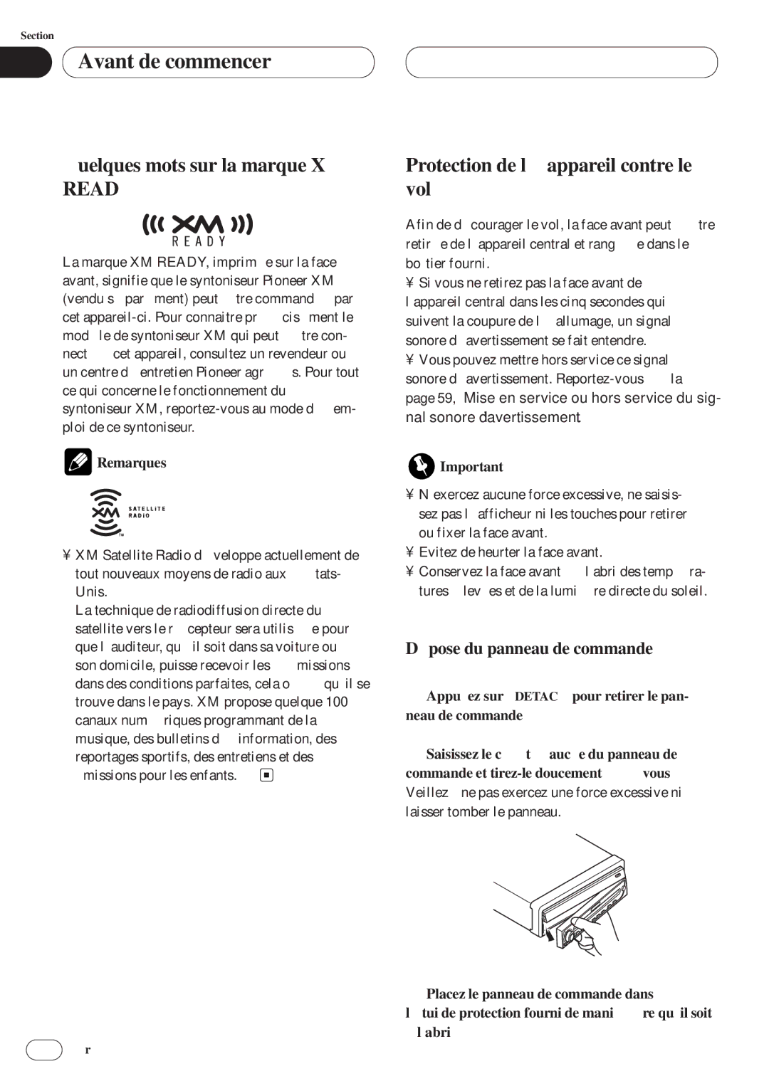 Pioneer AVH-P6400CD operation manual Quelques mots sur la marque XM Ready, Protection de l’appareil contre le vol 