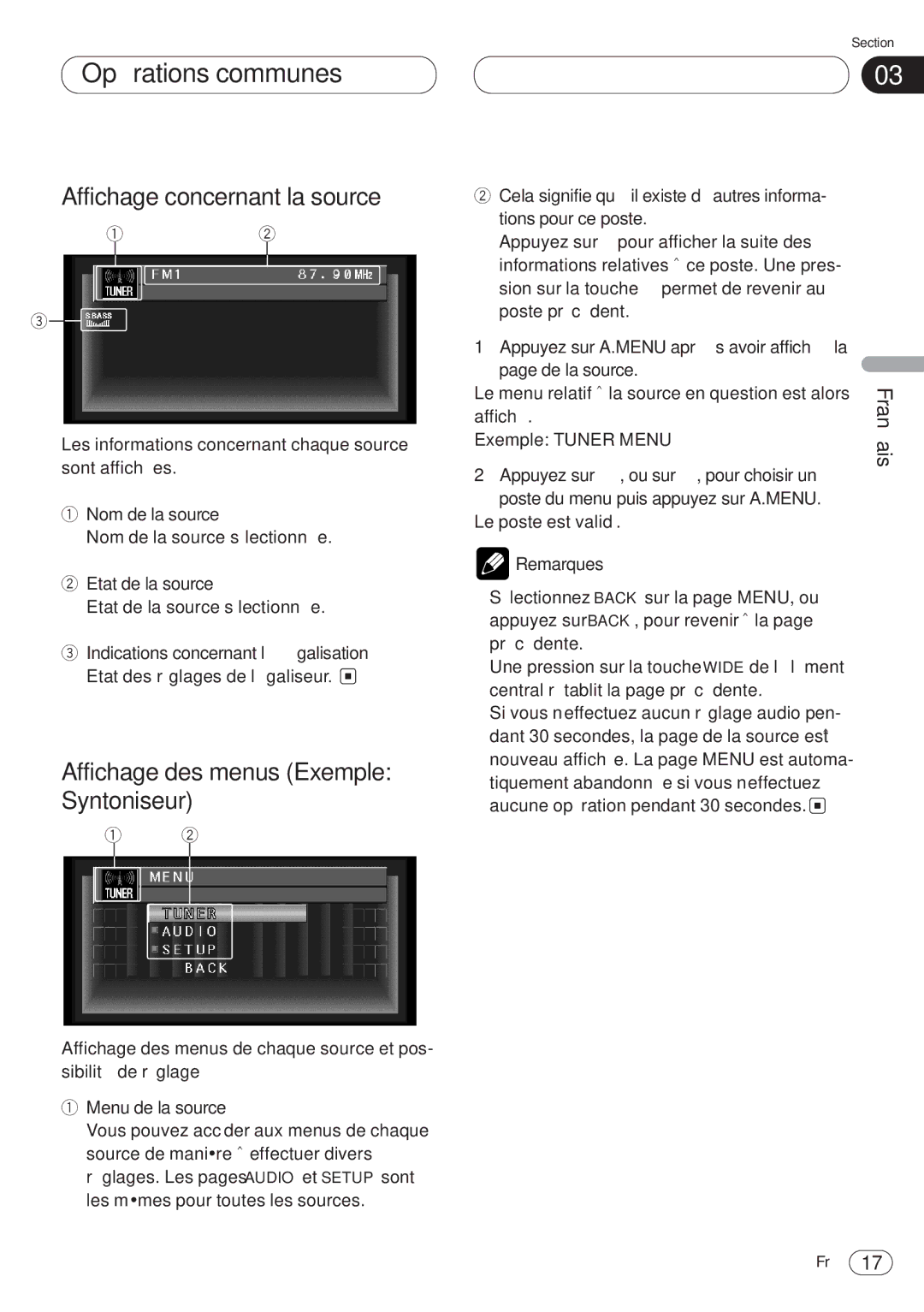 Pioneer AVH-P6400CD Opérations communes, Affichage concernant la source, Affichage des menus Exemple Syntoniseur 