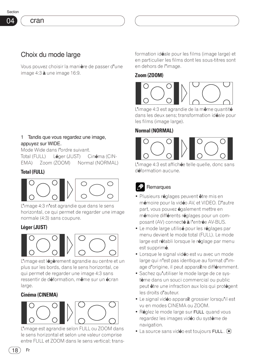 Pioneer AVH-P6400CD operation manual 04 Écran, Choix du mode large, Tandis que vous regardez une image, appuyez sur Wide 