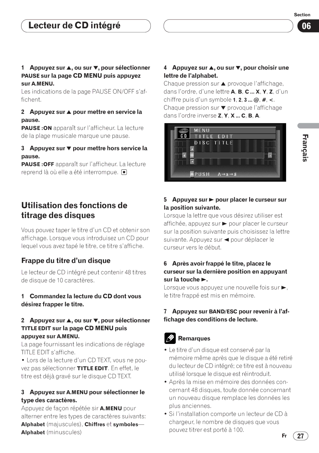 Pioneer AVH-P6400CD operation manual Utilisation des fonctions de titrage des disques, Frappe du titre d’un disque 