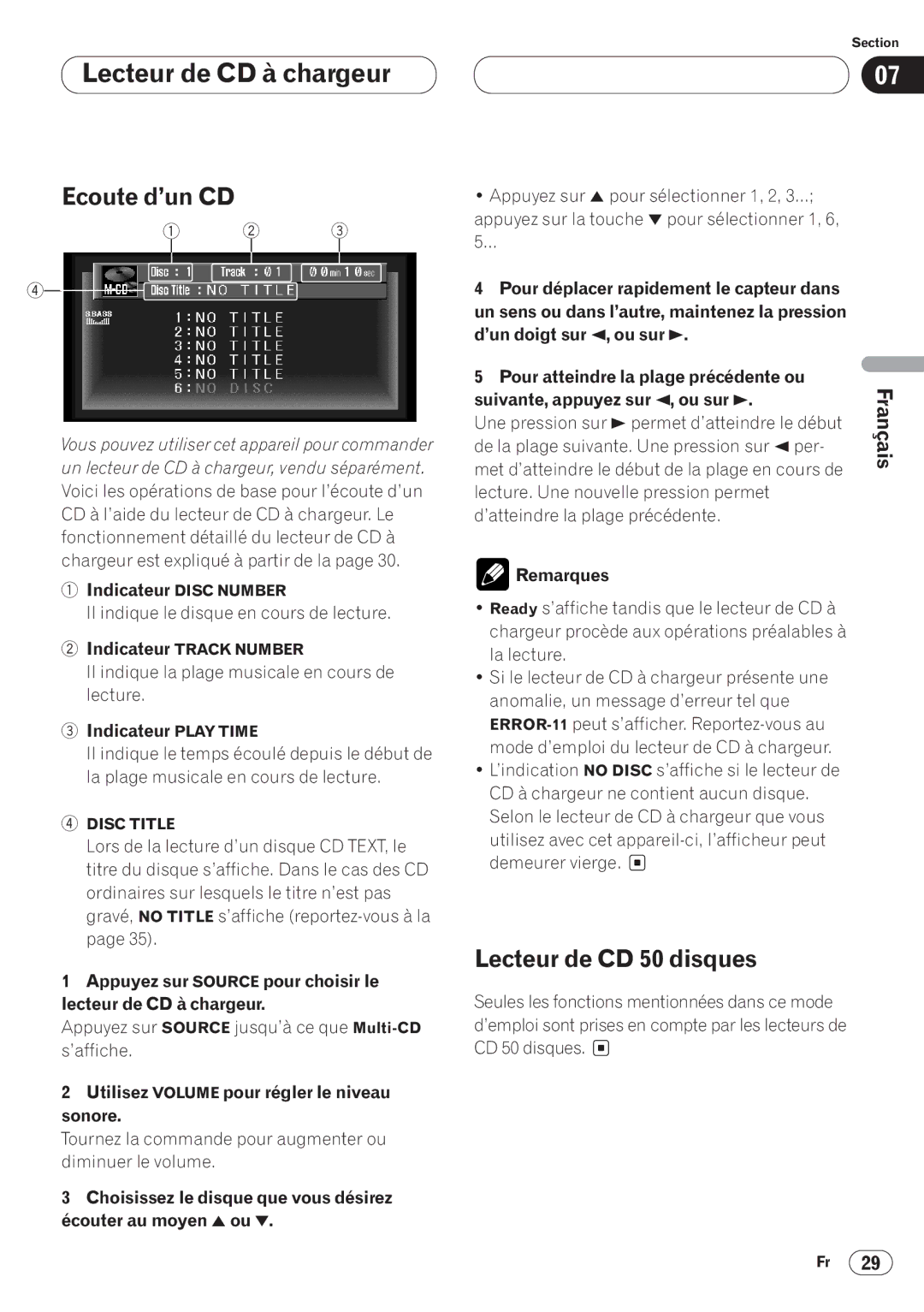 Pioneer AVH-P6400CD operation manual Lecteur de CD à chargeur, Ecoute d’un CD, Lecteur de CD 50 disques 