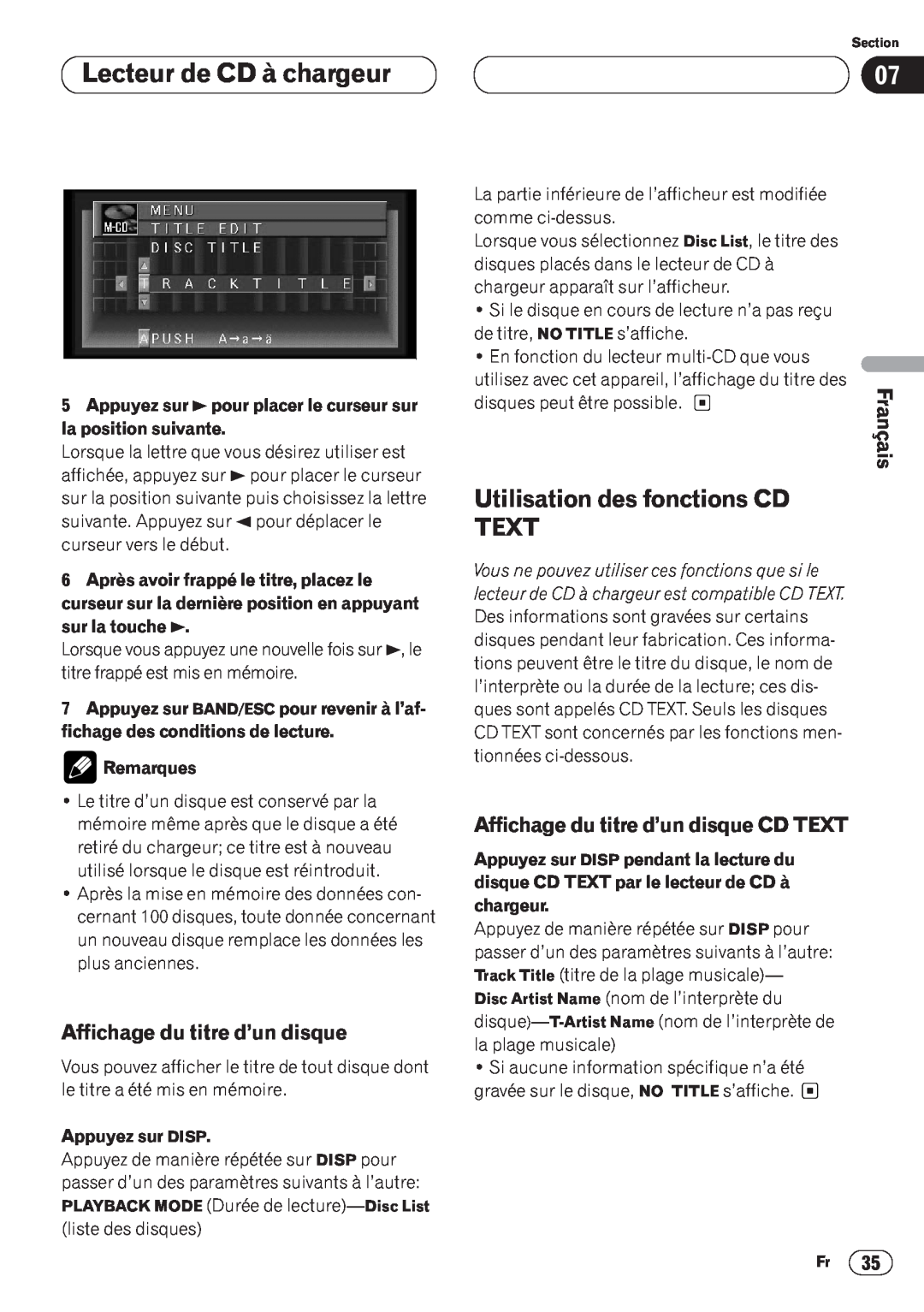Pioneer AVH-P6400CD Lecteur de CD à chargeur, Utilisation des fonctions CD TEXT, Affichage du titre d’un disque, Remarques 