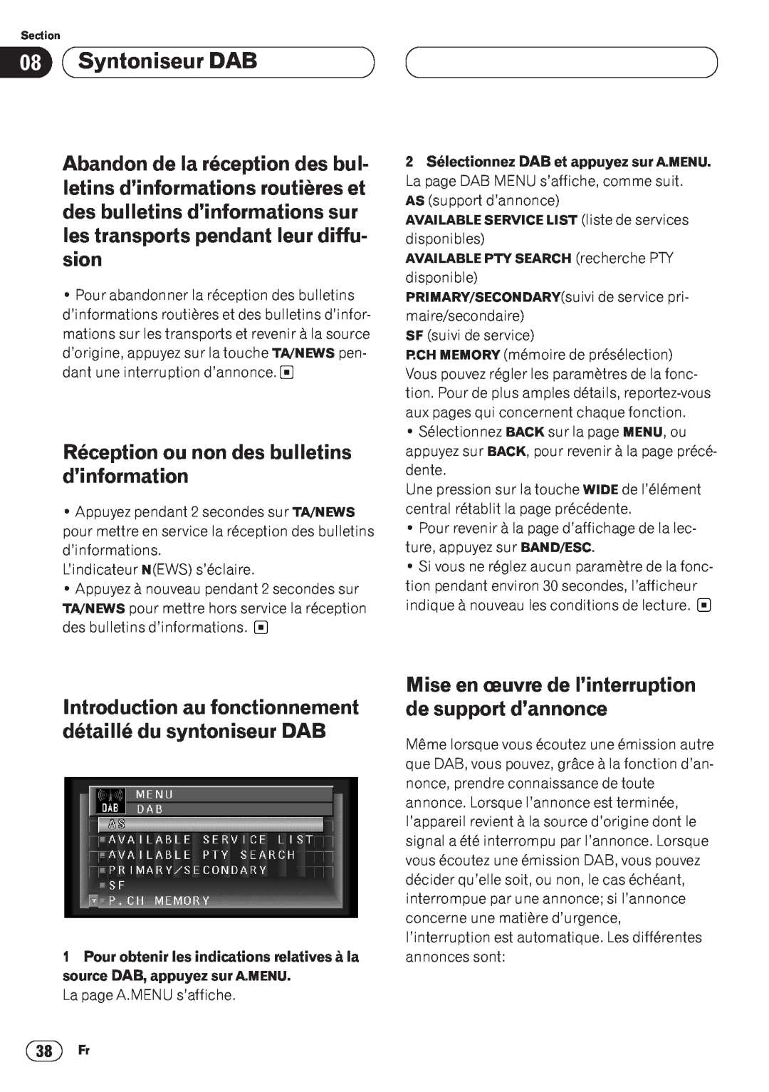 Pioneer AVH-P6400CD operation manual Syntoniseur DAB, Réception ou non des bulletins d’information 