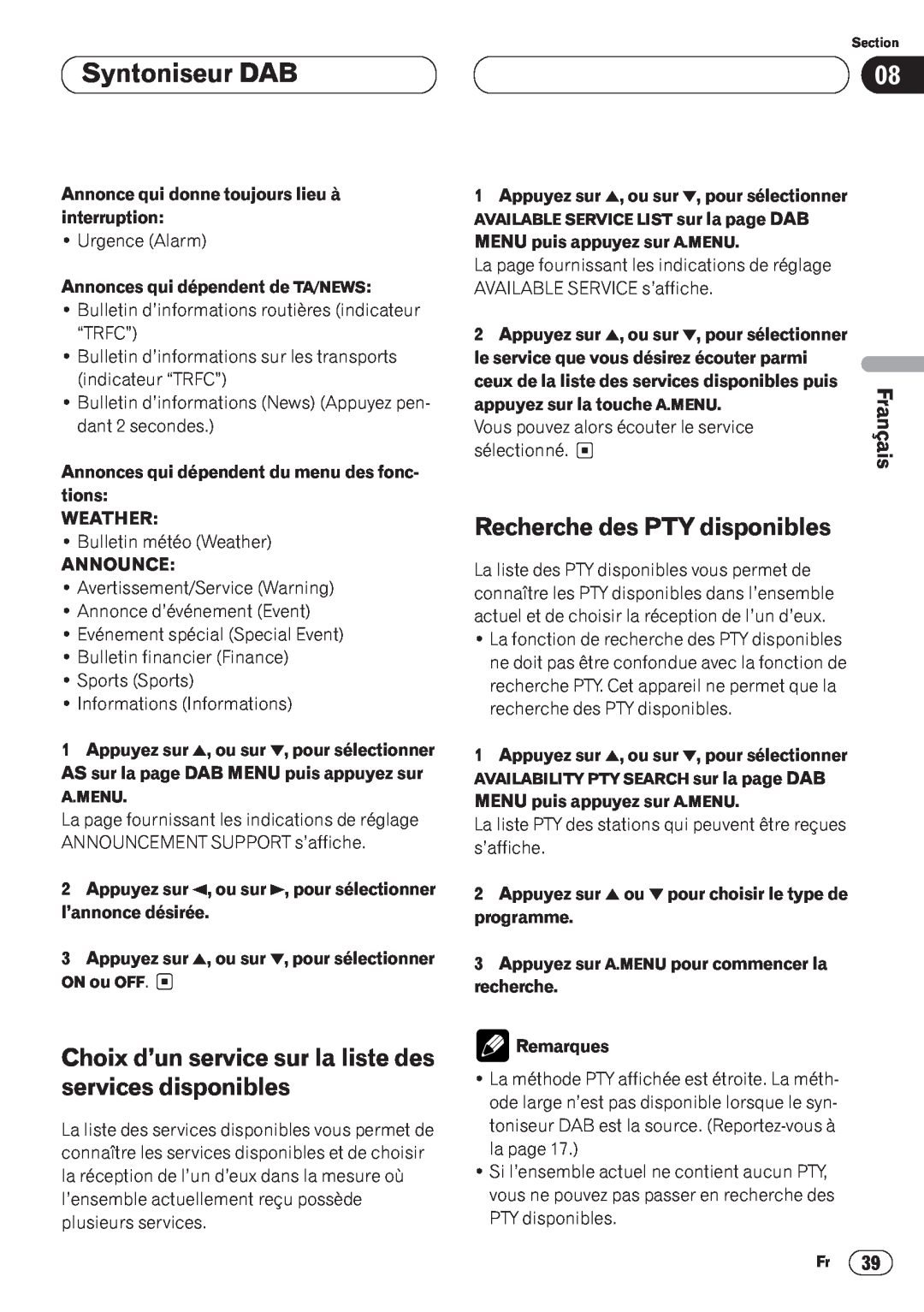 Pioneer AVH-P6400CD Syntoniseur DAB, Choix d’un service sur la liste des services disponibles, Français, Announce 