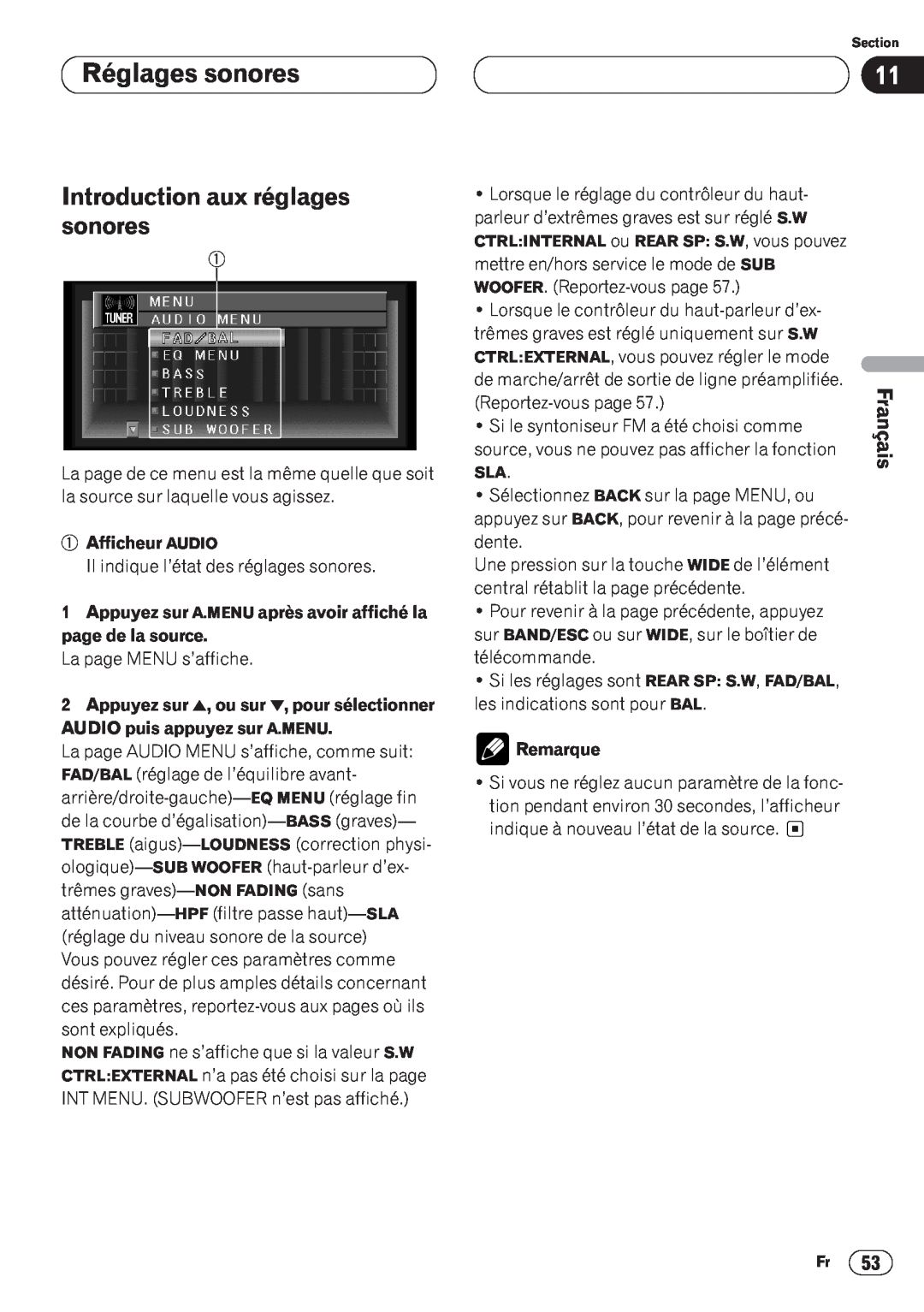 Pioneer AVH-P6400CD Réglages sonores, Introduction aux réglages sonores, Italiano, Nederlands, Afficheur AUDIO, Remarque 