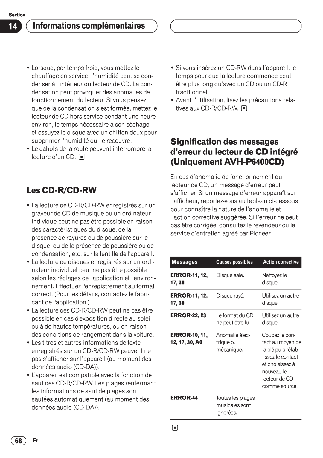 Pioneer AVH-P6400CD operation manual Informations complémentaires, Les CD-R/CD-RW, Signification des messages 