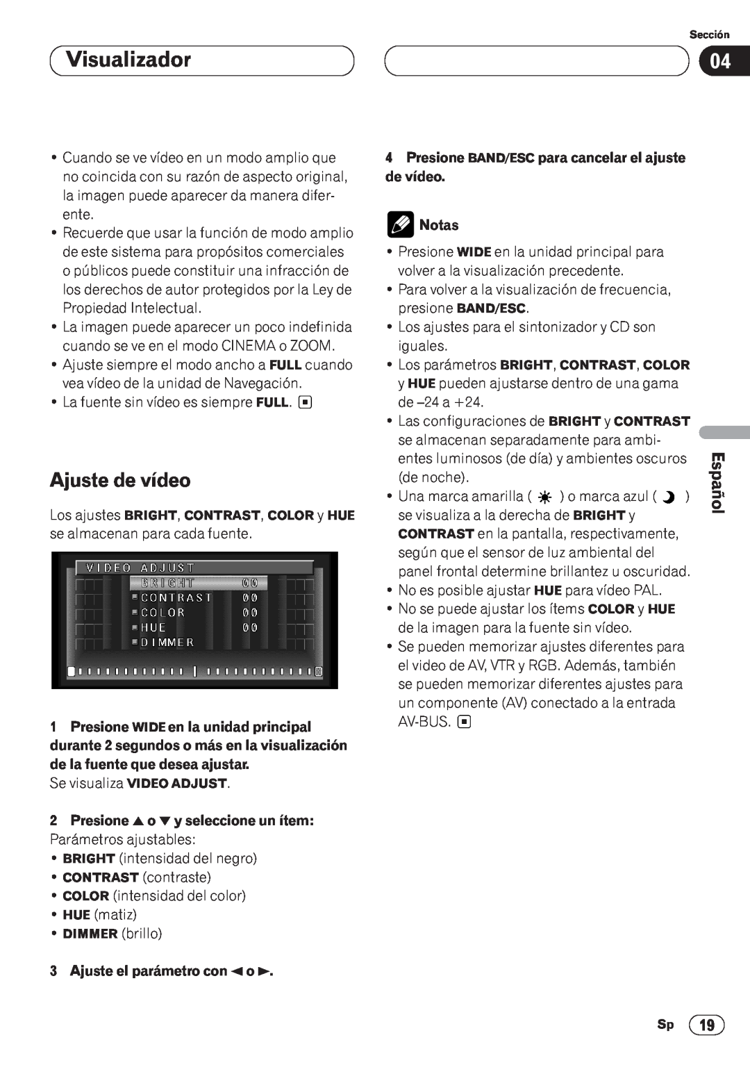 Pioneer AVH-P6400CD operation manual Visualizador, Ajuste de vídeo, English Español, Français Italiano Nederlands 
